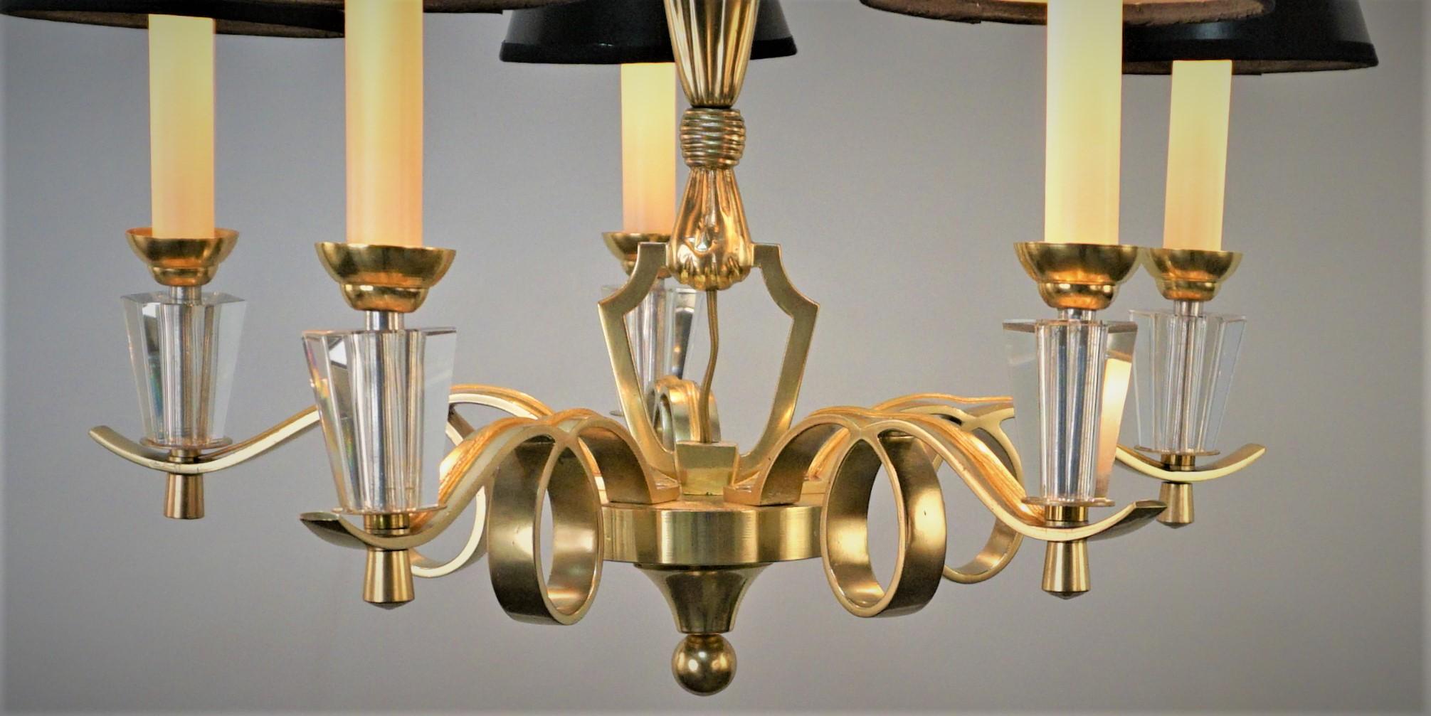 Modernist design satin finished bronze with crystal five light chandelier.
Professionally rewired and ready for installation, black lampshades with gold liner added and included.
Measurement: without the lampshades.