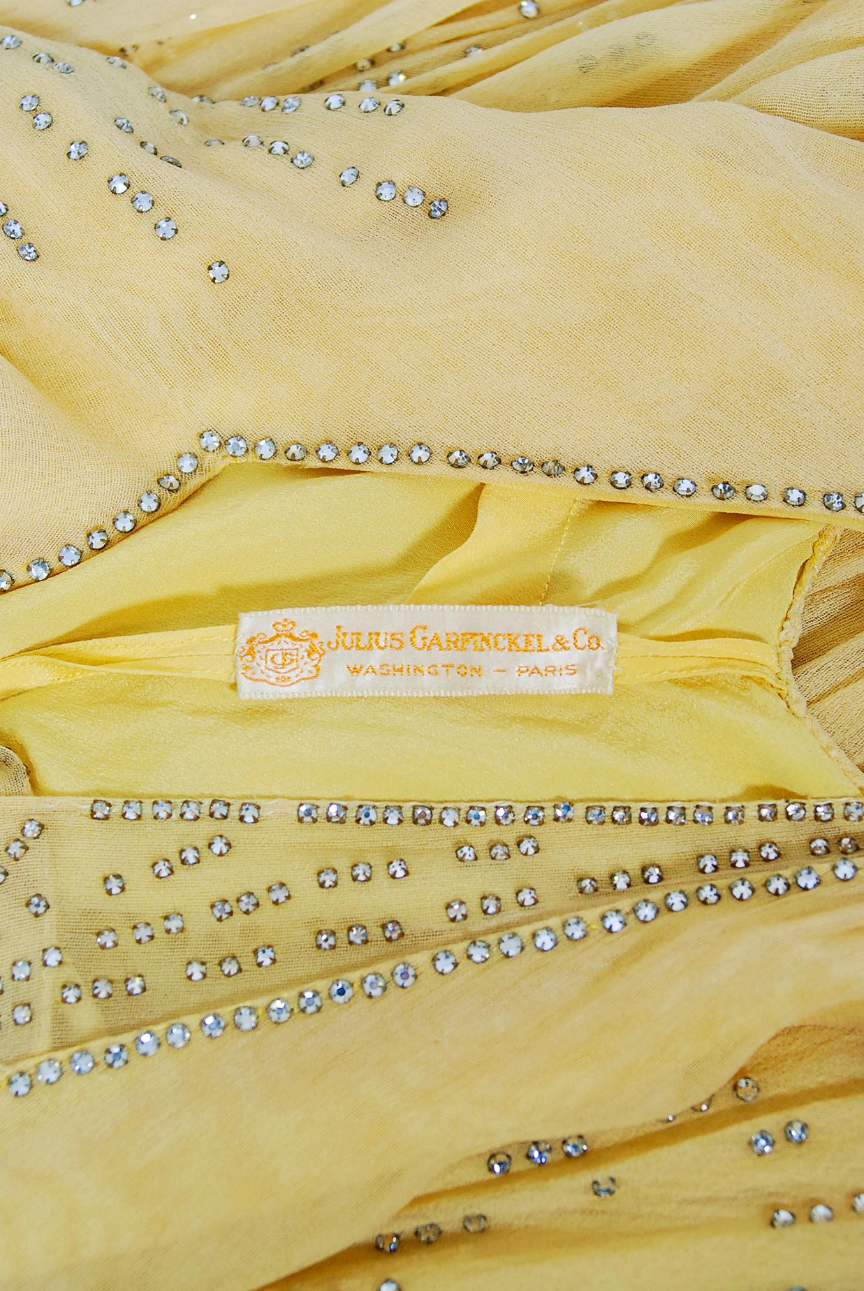 Vintage 1930's Julius Garfinckel Couture Yellow Rhinestone Silk Bias-Cut Dress  2