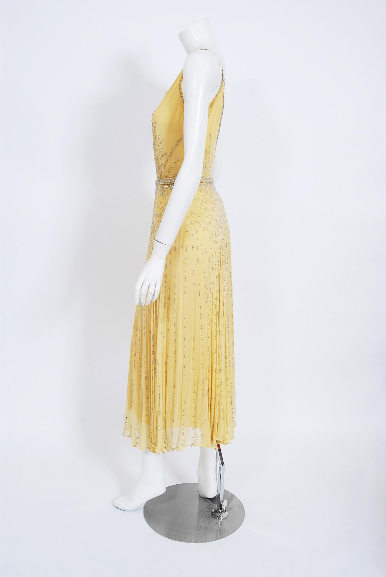 Beige Vintage 1930's Julius Garfinckel Couture Yellow Rhinestone Silk Bias-Cut Dress 
