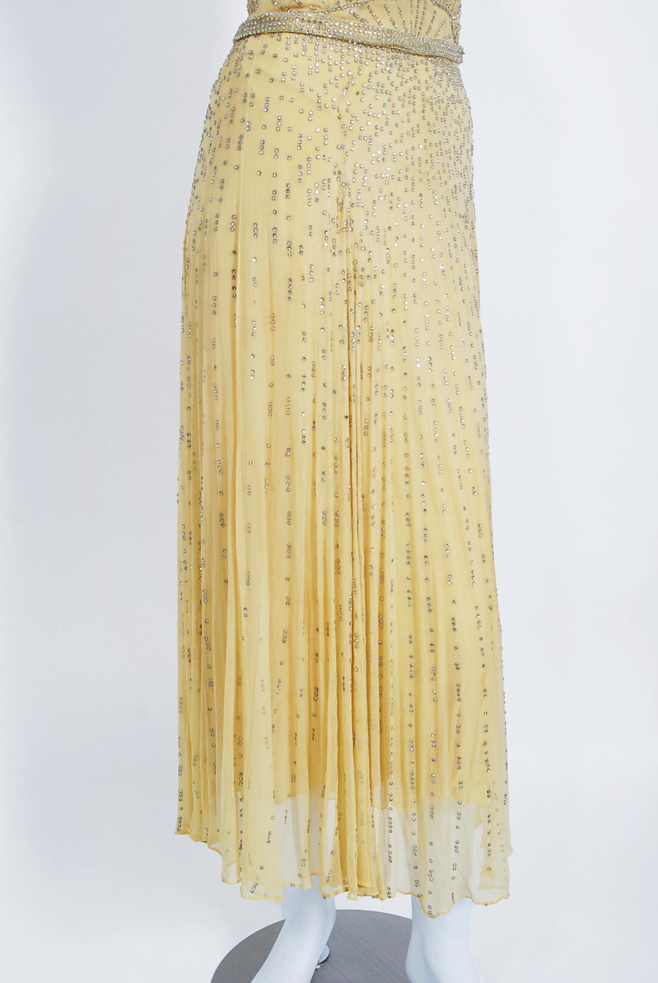Vintage 1930's Julius Garfinckel Couture Yellow Rhinestone Silk Bias-Cut Dress  In Good Condition In Beverly Hills, CA