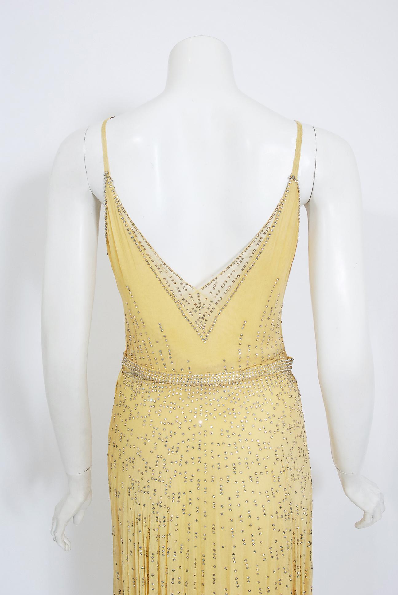 Women's Vintage 1930's Julius Garfinckel Couture Yellow Rhinestone Silk Bias-Cut Dress 