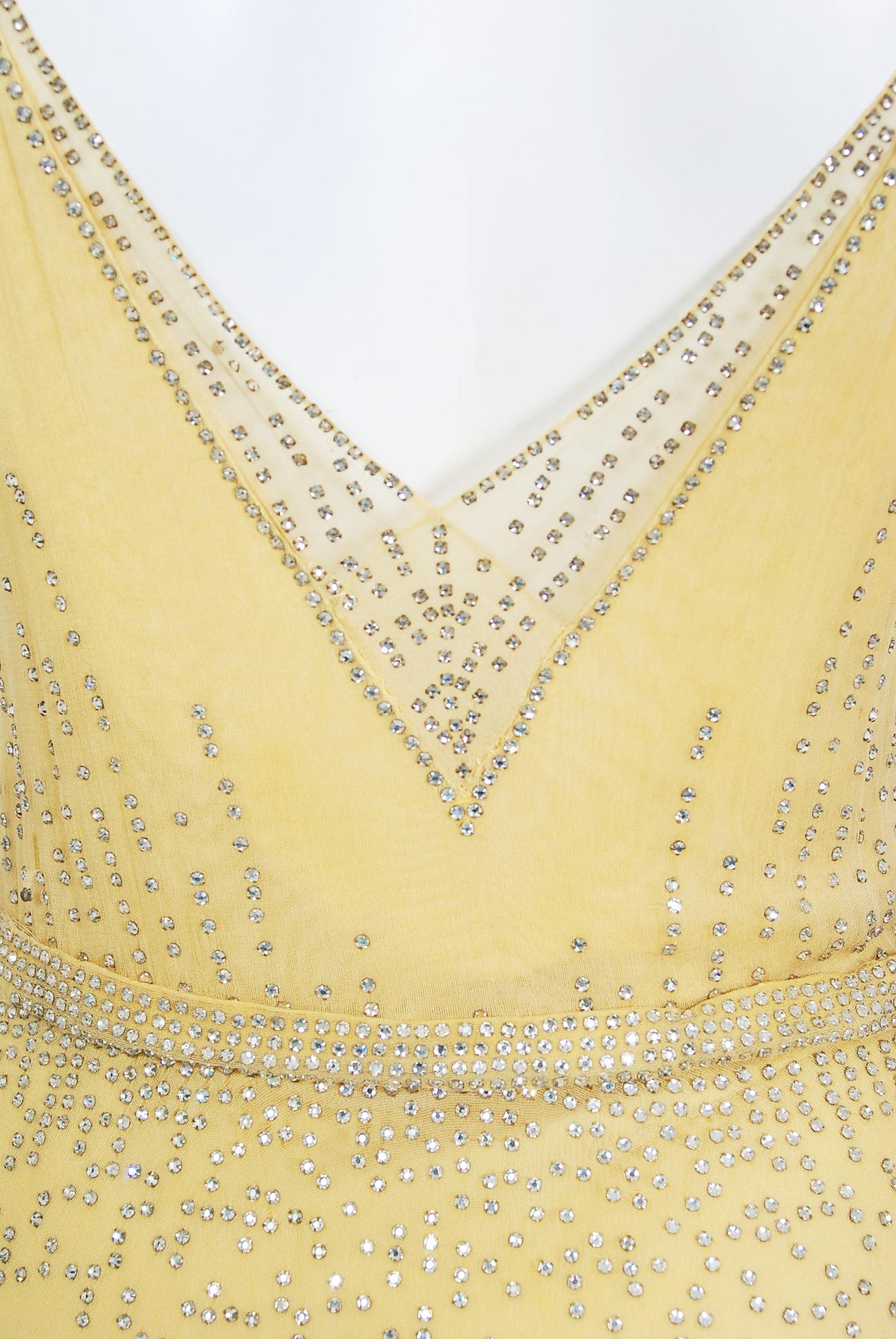 Vintage 1930's Julius Garfinckel Couture Yellow Rhinestone Silk Bias-Cut Dress  1