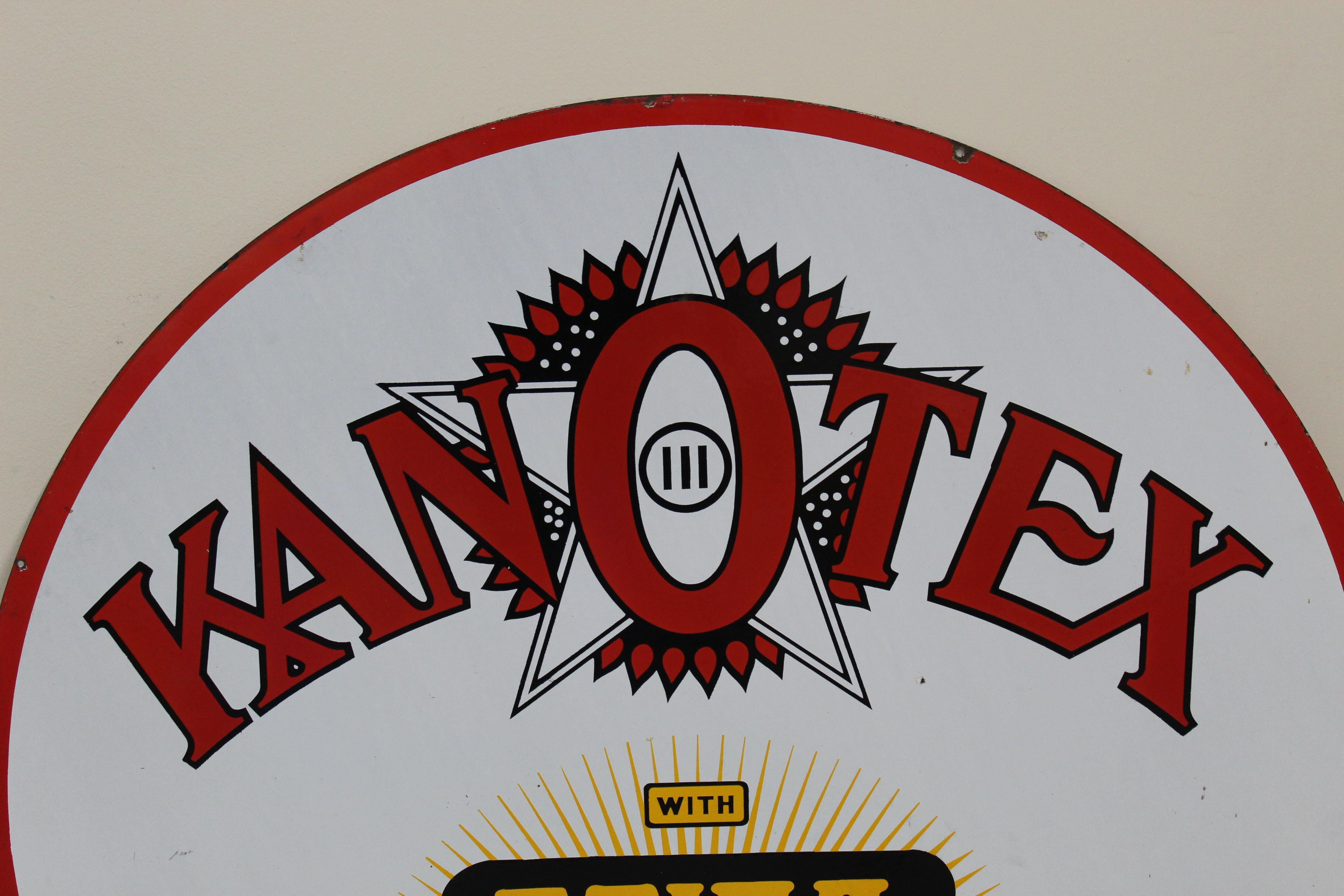 A fantastic example of this tough to find sign from Kanotex Gasoline. Side one shows excellent color and gloss. This is an excellent example of this early sign and would be a tough one to improve upon.