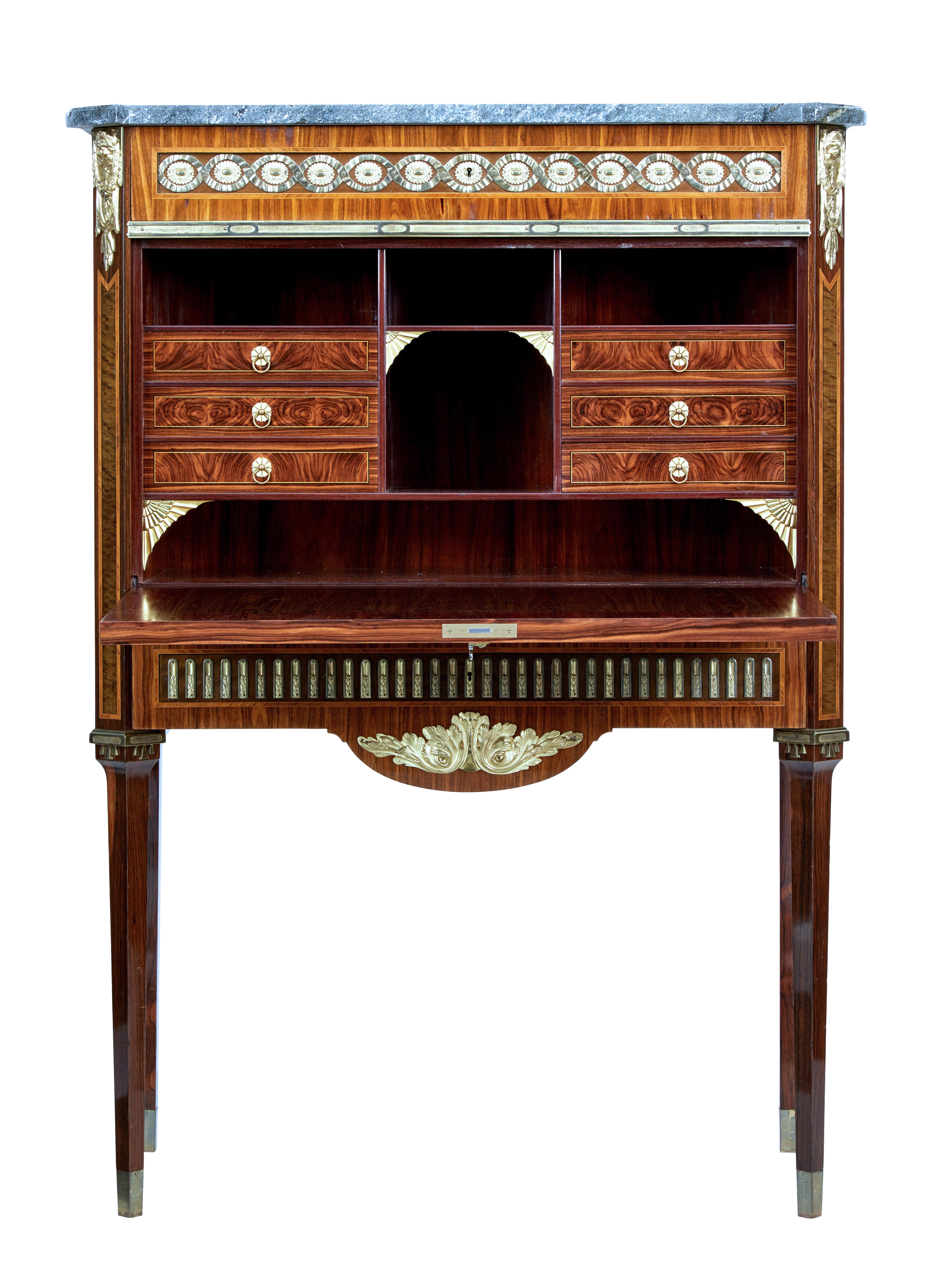 Empire Revival 1930s Kingwood Inlaid Swedish Marble Top Secrétaire