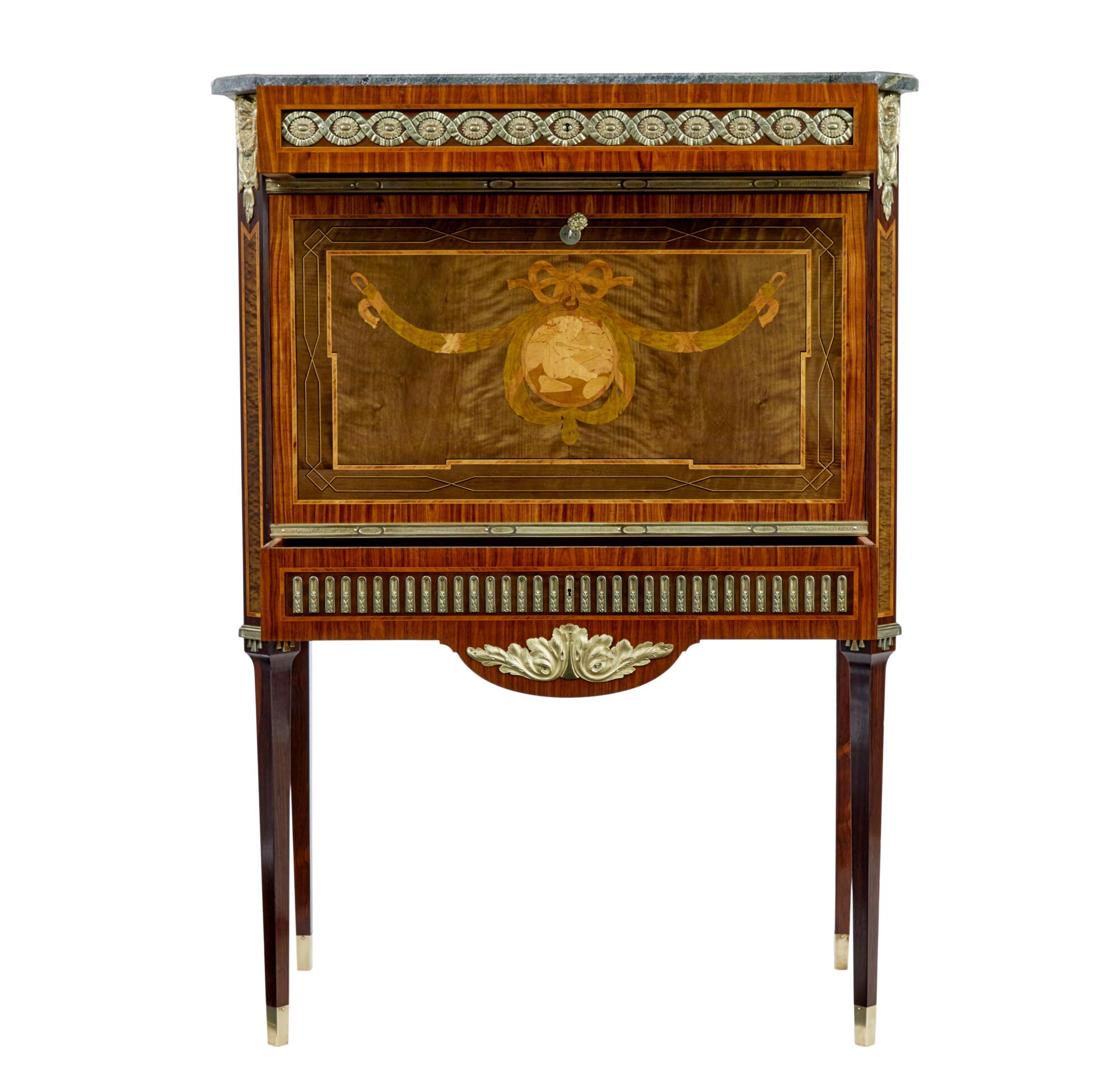Art Deco 1930’s kingwood inlaid Swedish marble top secretaire For Sale