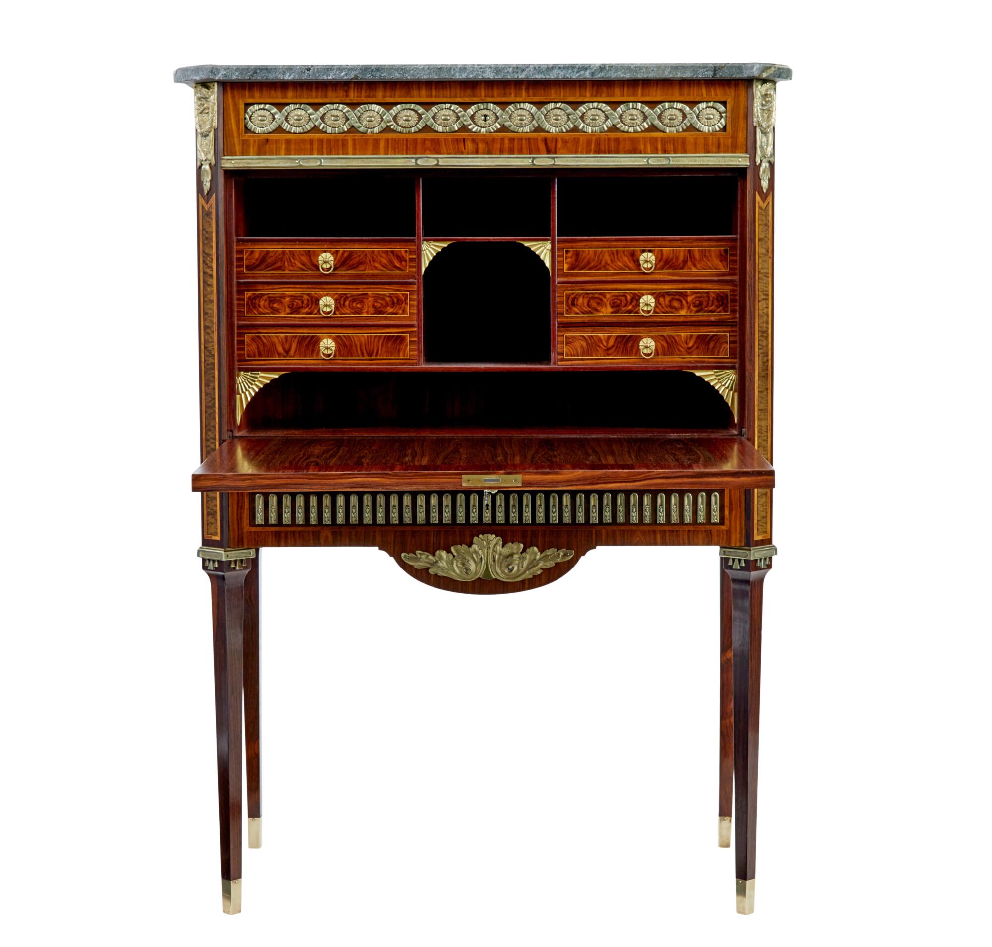 Hand-Carved 1930’s kingwood inlaid Swedish marble top secretaire For Sale