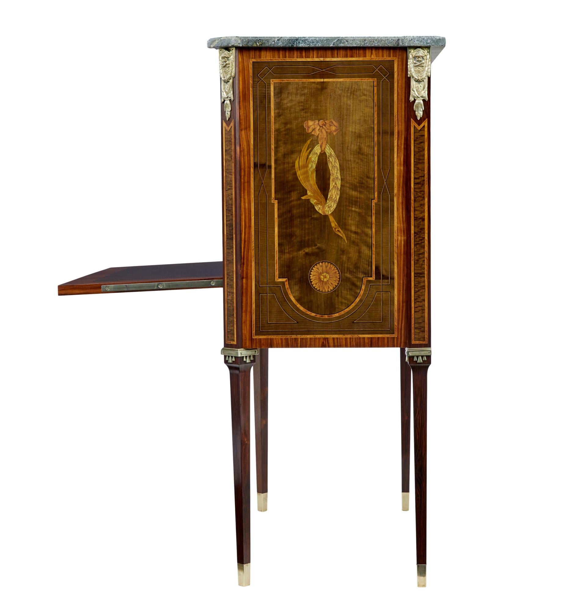 1930’s kingwood inlaid Swedish marble top secretaire In Good Condition For Sale In Debenham, Suffolk