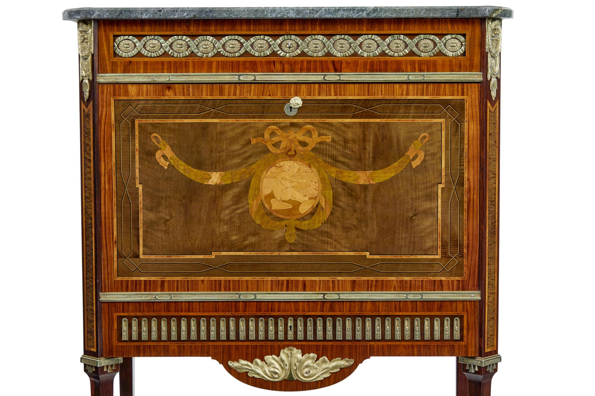 1930’s kingwood inlaid Swedish marble top secretaire For Sale 1