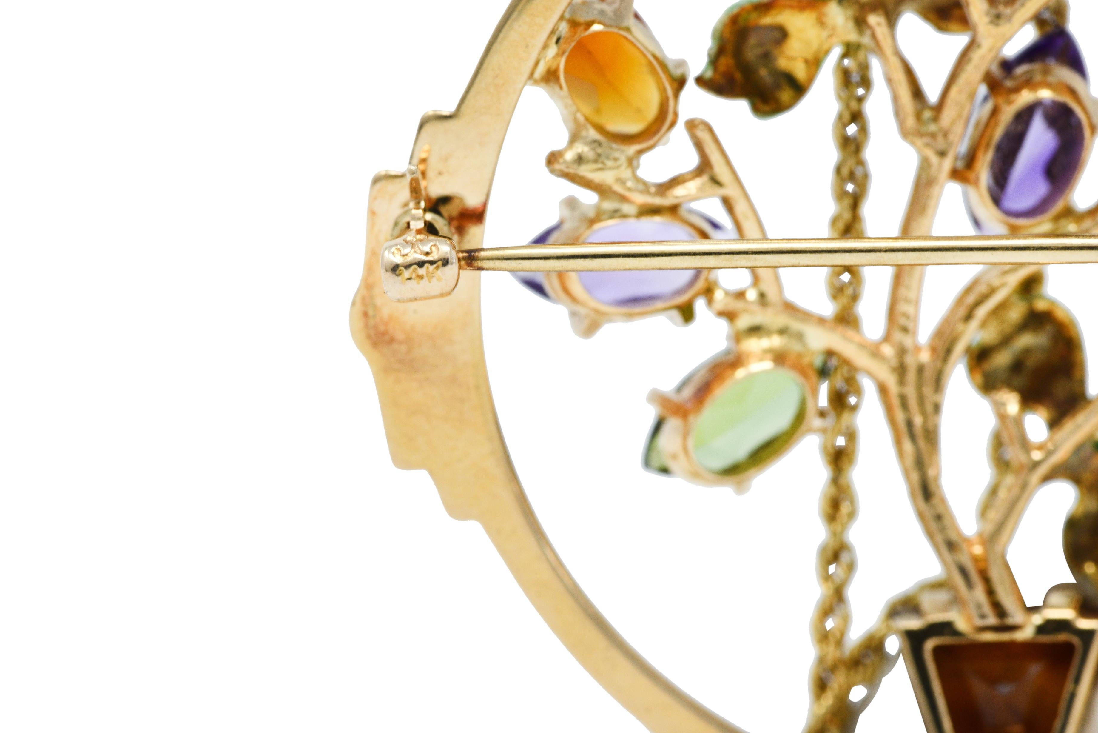 Women's or Men's 1930's Krementz Enamel Multi-Gem 14 Karat Gold Bouquet Pendant Brooch Necklace