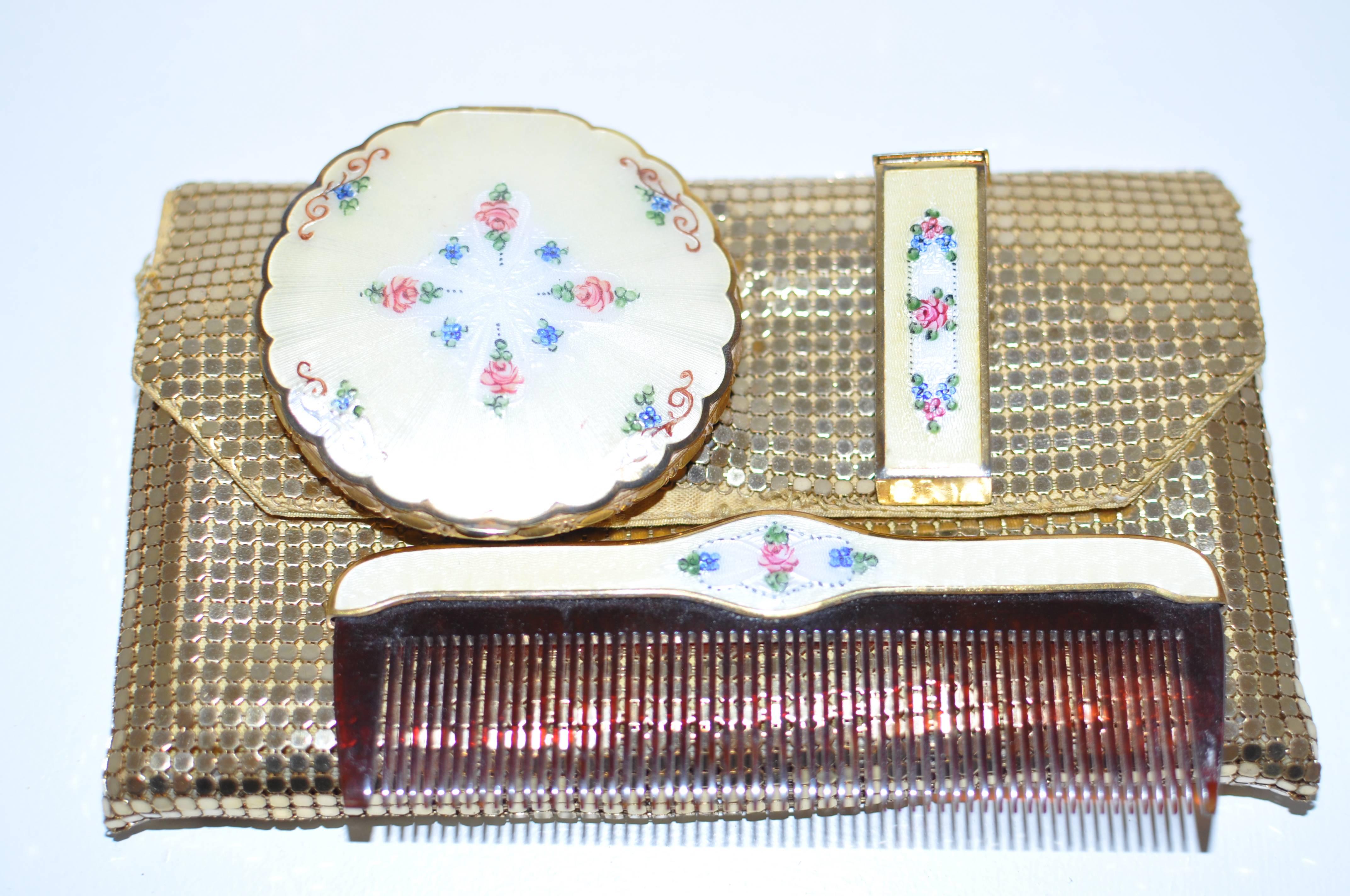 1930s La Mode Guilloche Enamel Set with a Free Whiting & Davis Chain Pouch 1