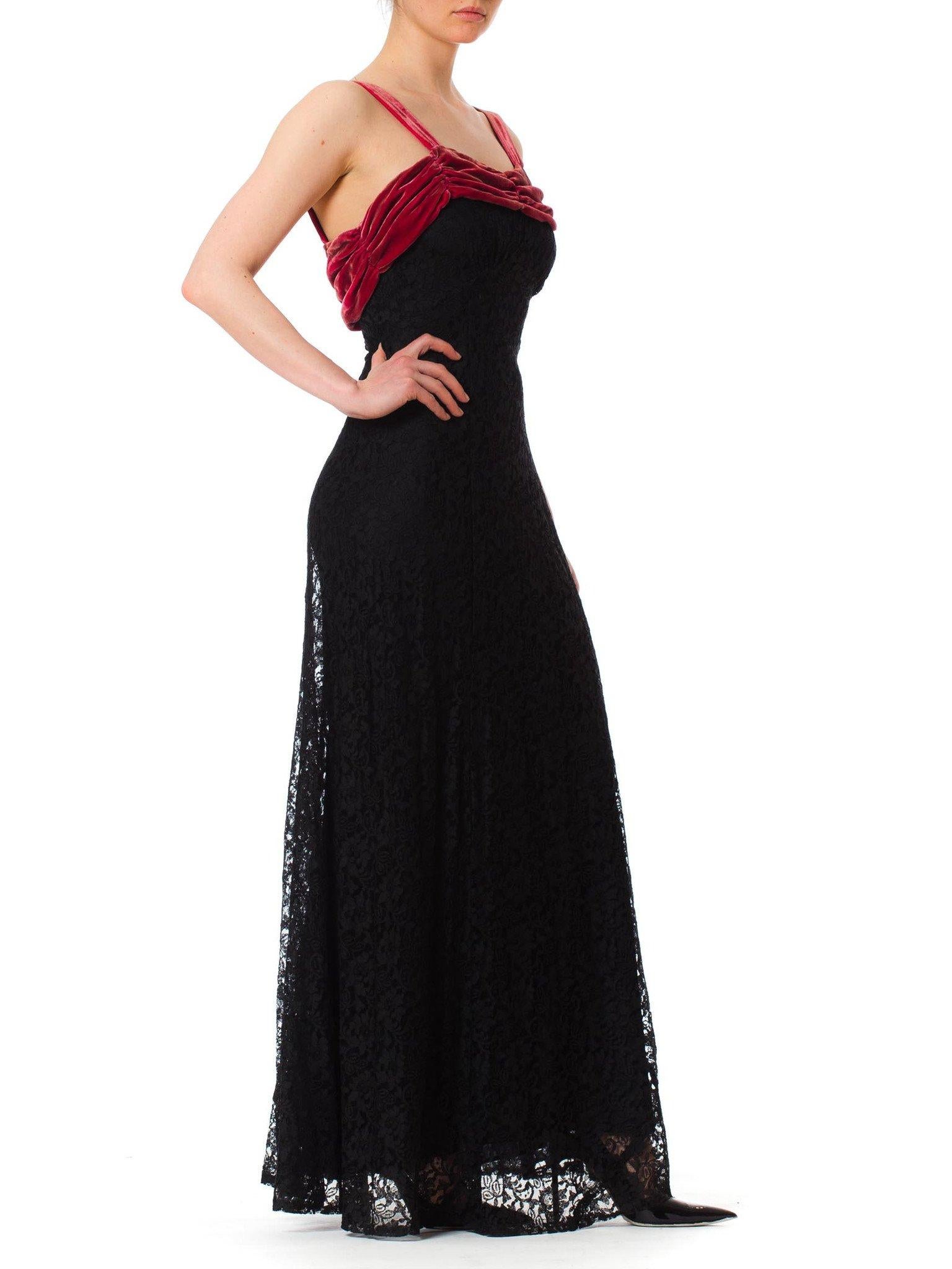 1930S Black Rayon Lace Bias Cut Gown With Raspberry Velvet Trim In Excellent Condition For Sale In New York, NY