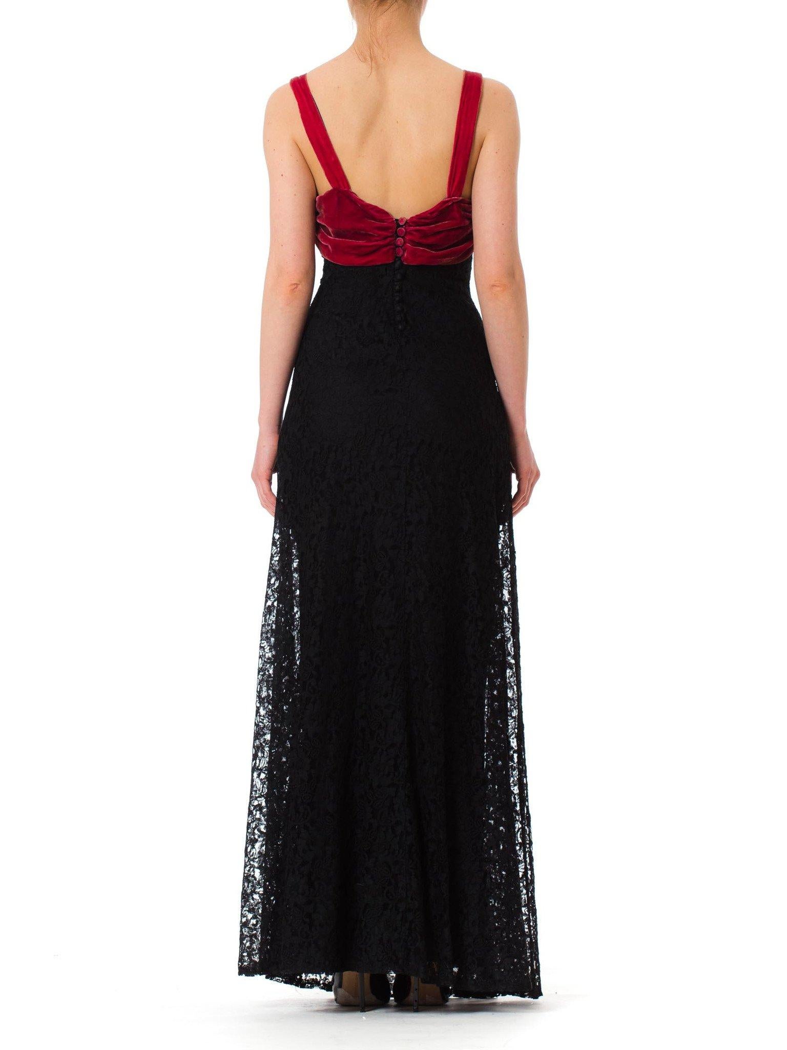 Women's 1930S Black Rayon Lace Bias Cut Gown With Raspberry Velvet Trim For Sale
