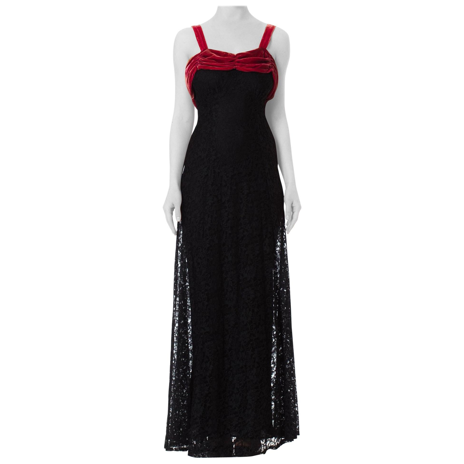 1930S Black Rayon Lace Bias Cut Gown With Raspberry Velvet Trim For Sale