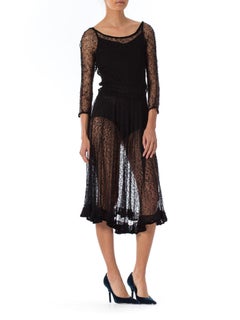1940S Black Sheer Rayon & Silk Lace Fit Flare Dress With Sleeves