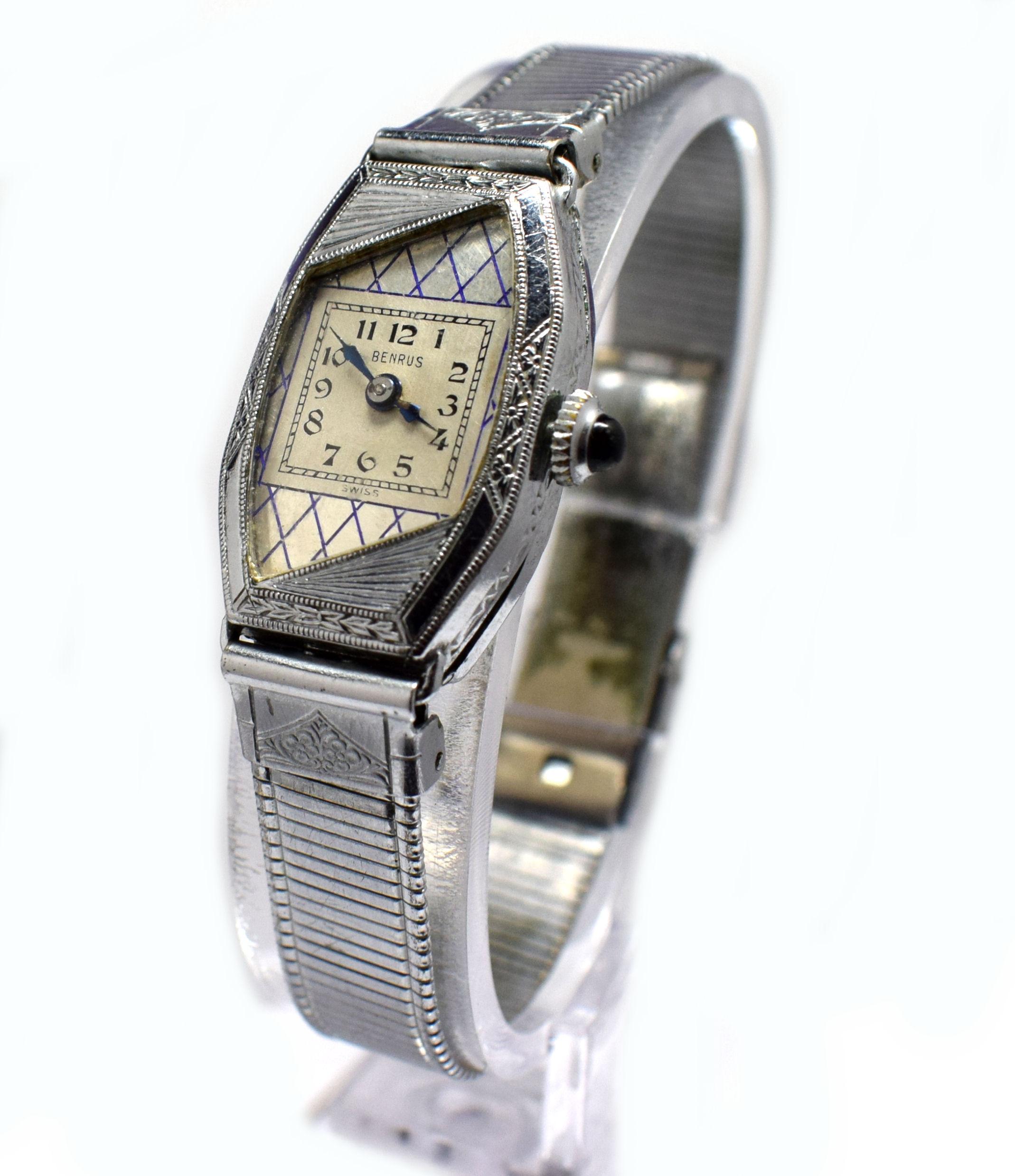North American 1930s Ladies Art Deco White 14-Karat Gold Enamel Wrist Watch