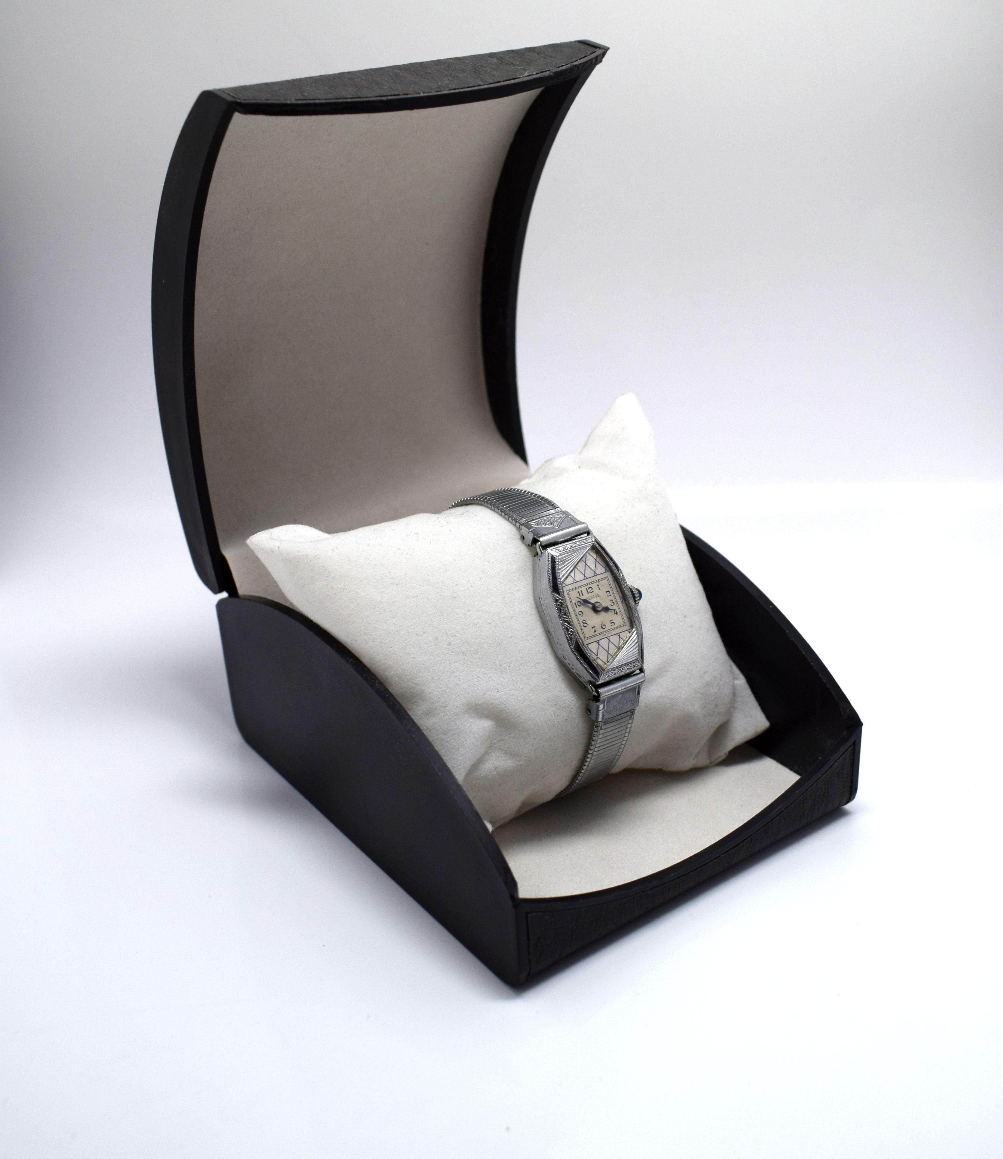 1930s Ladies Art Deco White 14-Karat Gold Enamel Wrist Watch 1