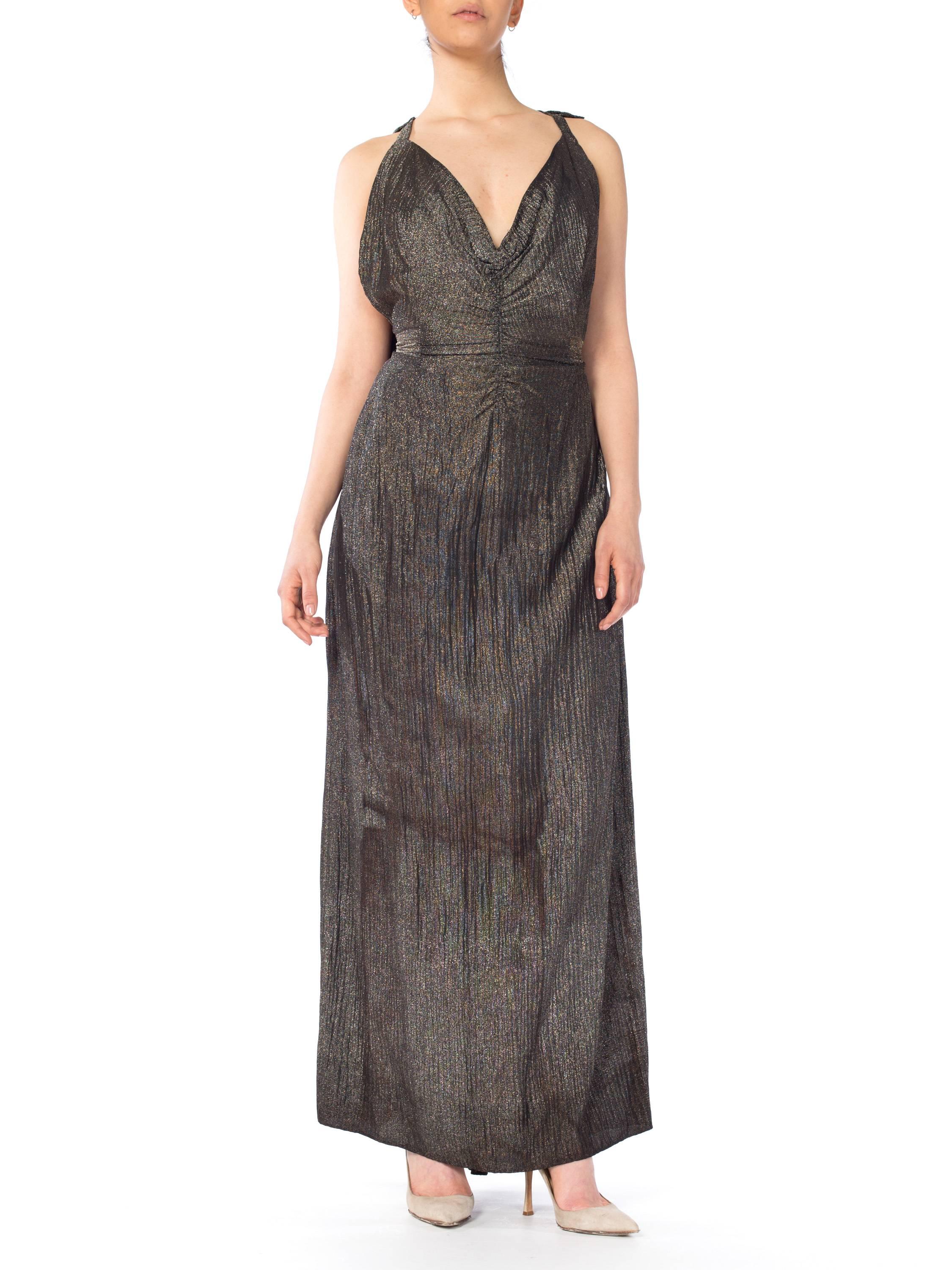 MORPHEW COLLECTION Black & Gold Antique Patina Silk Lamé  Gown With Low Back An In Excellent Condition For Sale In New York, NY