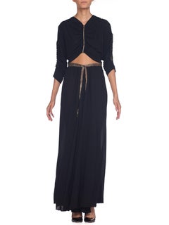 1930S Black Haute Couture Silk Chiffon Bare Midriff  Gown With Silver Lamé Deta