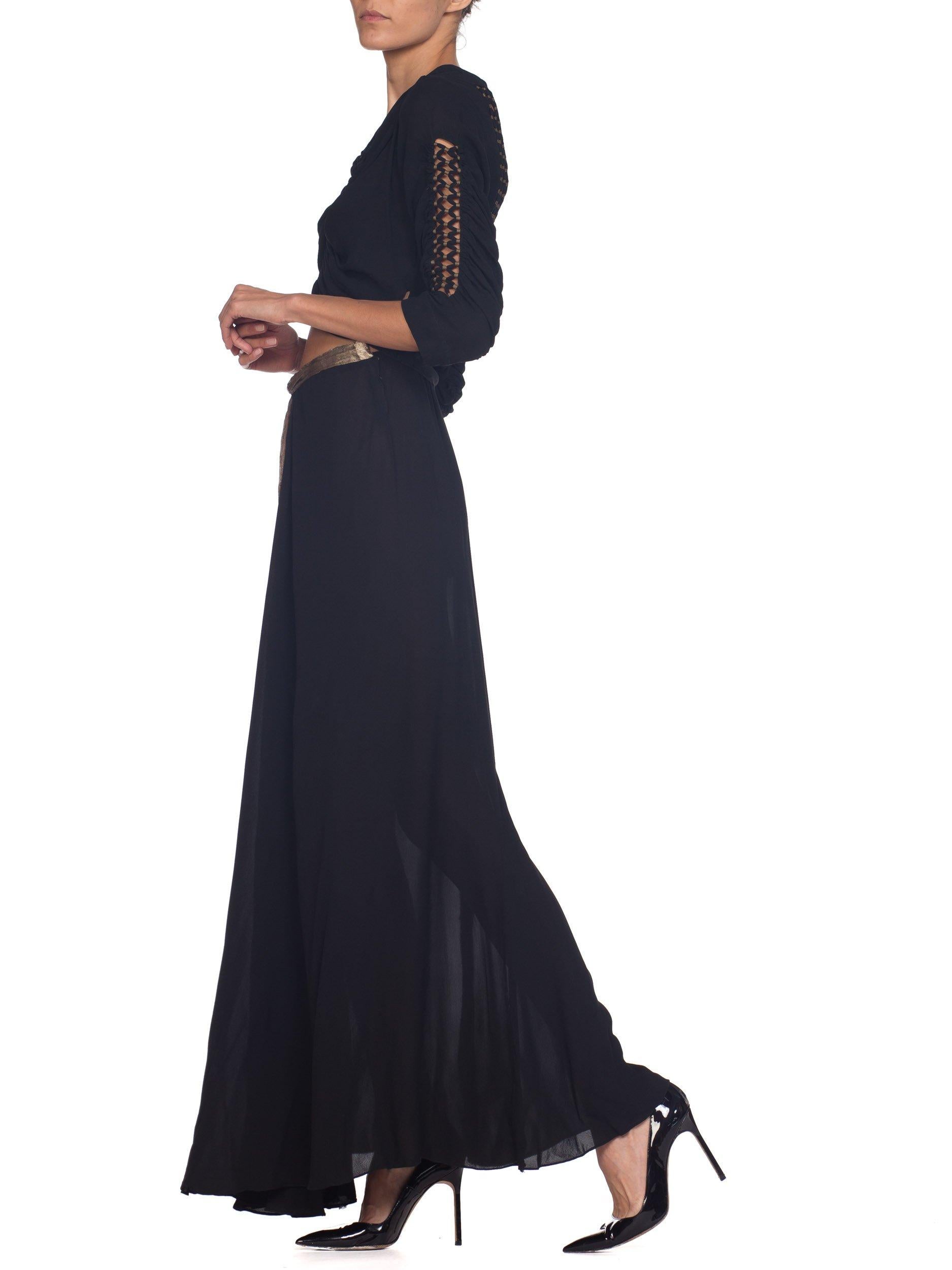 1930S Black Haute Couture Silk Chiffon Bare Midriff  Gown With Silver Lamé Deta In Excellent Condition For Sale In New York, NY