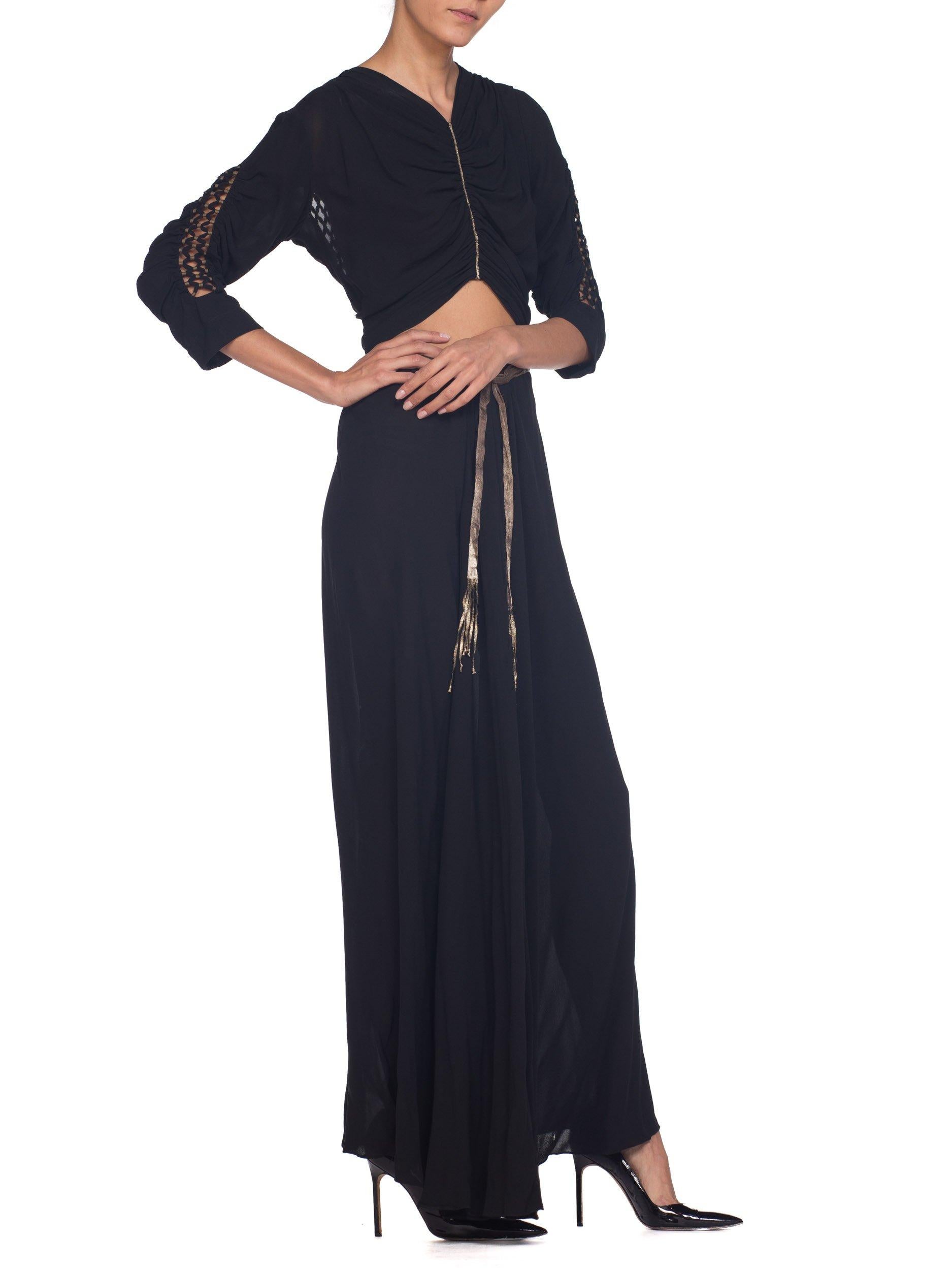 Women's 1930S Black Haute Couture Silk Chiffon Bare Midriff  Gown With Silver Lamé Deta For Sale