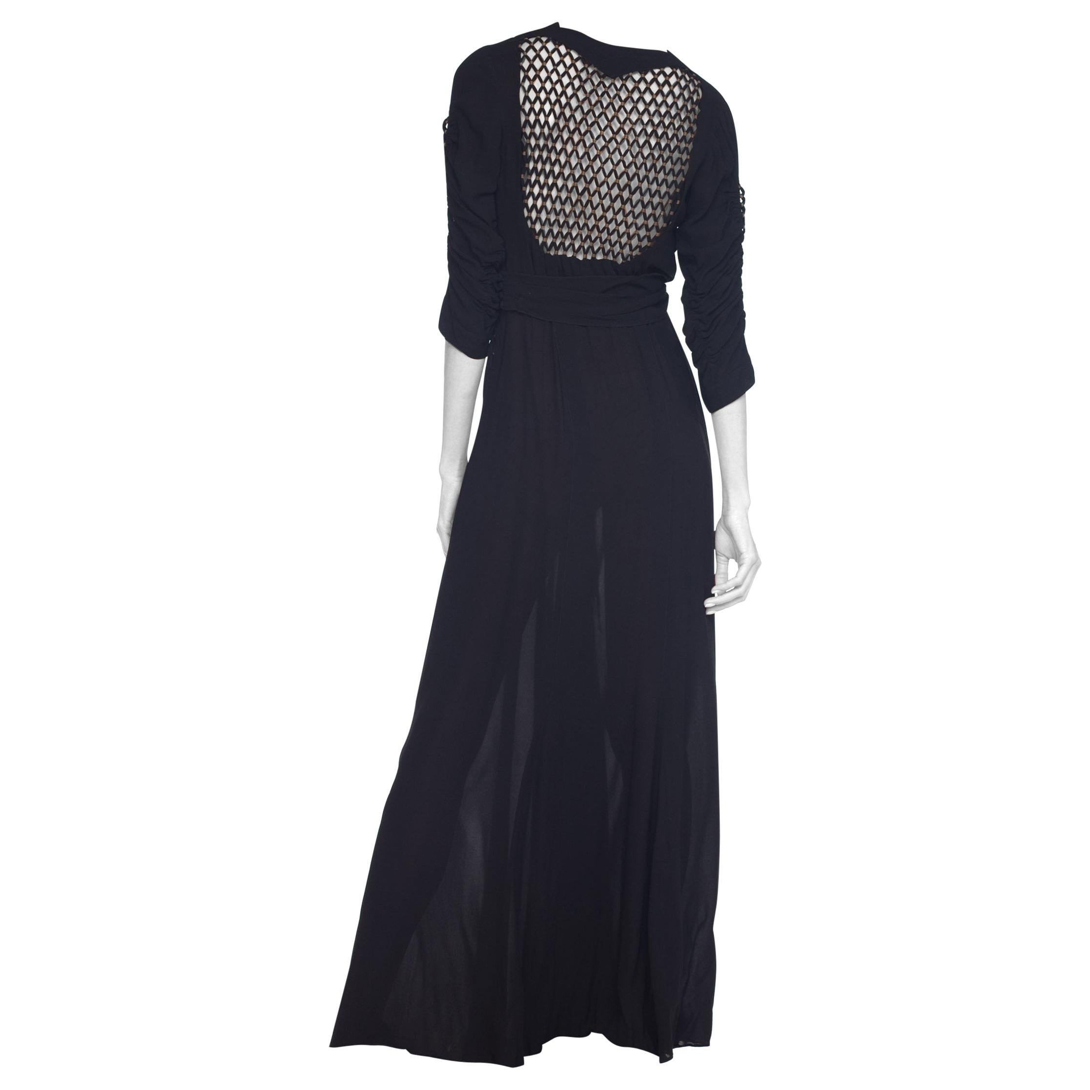 1930S Black Haute Couture Silk Chiffon Bare Midriff  Gown With Silver Lamé Deta For Sale