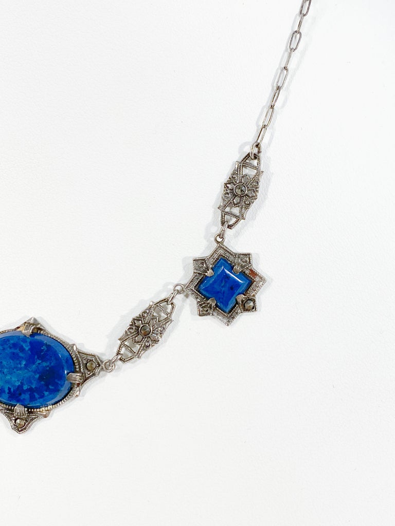 Arte Stile Déco Lapislazzuli & Marcasite Orecchini a Goccia IN Sterling