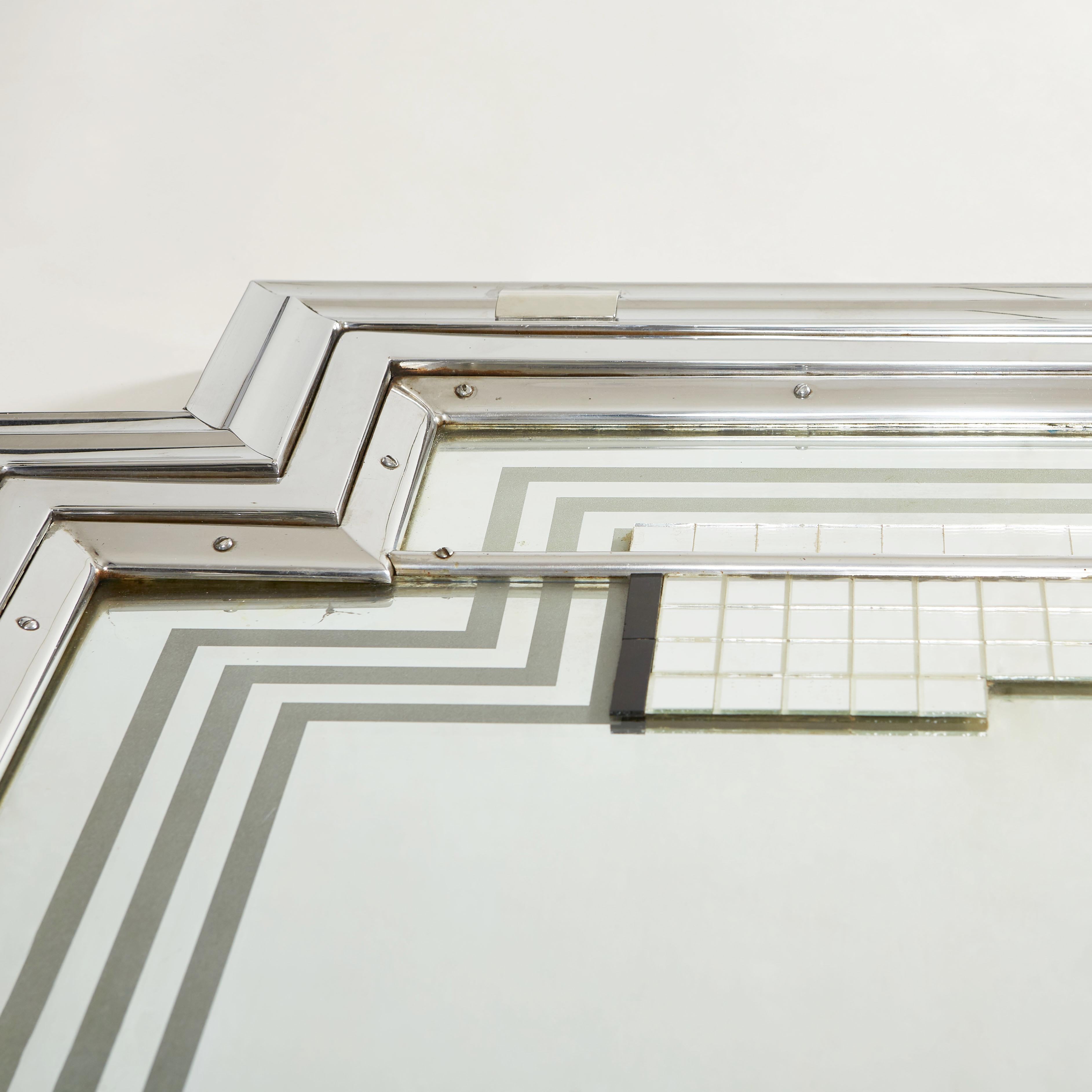 English 1930s Large Art Deco Chrome Geometric Mirror