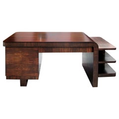 1930s Large Art Deco French Walnut Partners Writing Desk with Side Shelves