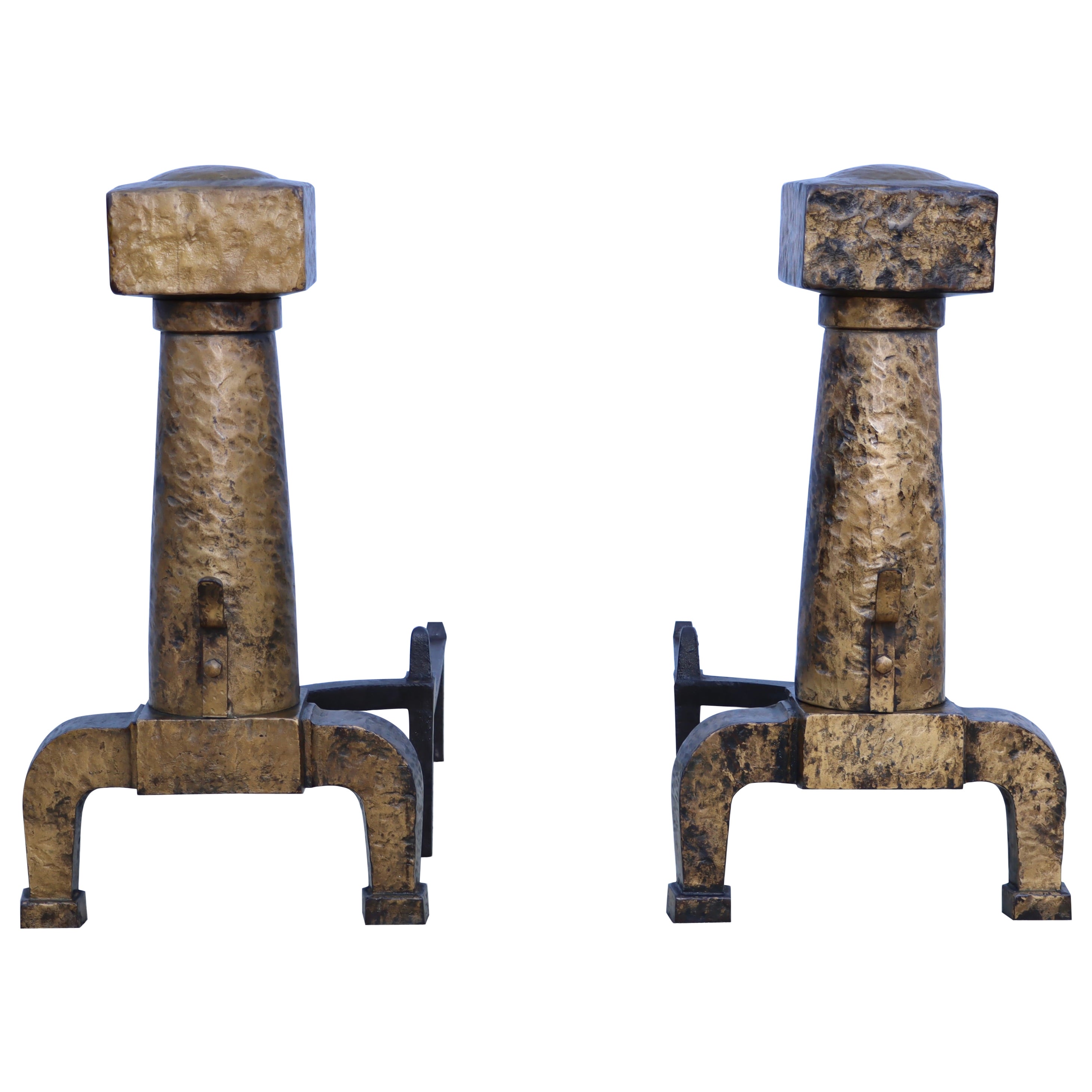 1930's Large Arts And Crafts Hammered Iron Andirons