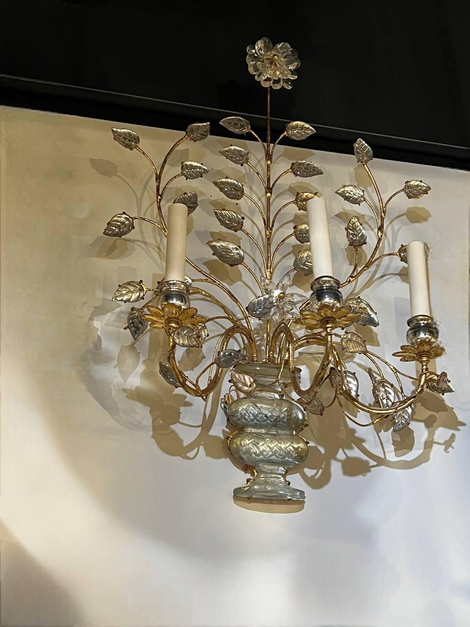 French Provincial 1930's Large French Bagues Gilt Metal Sconces with 3 lights For Sale