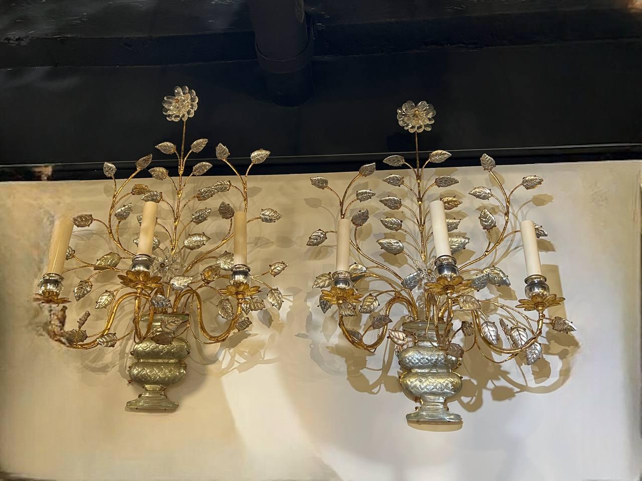 1930's Large French Bagues Gilt Metal Sconces with 3 lights In Good Condition For Sale In New York, NY