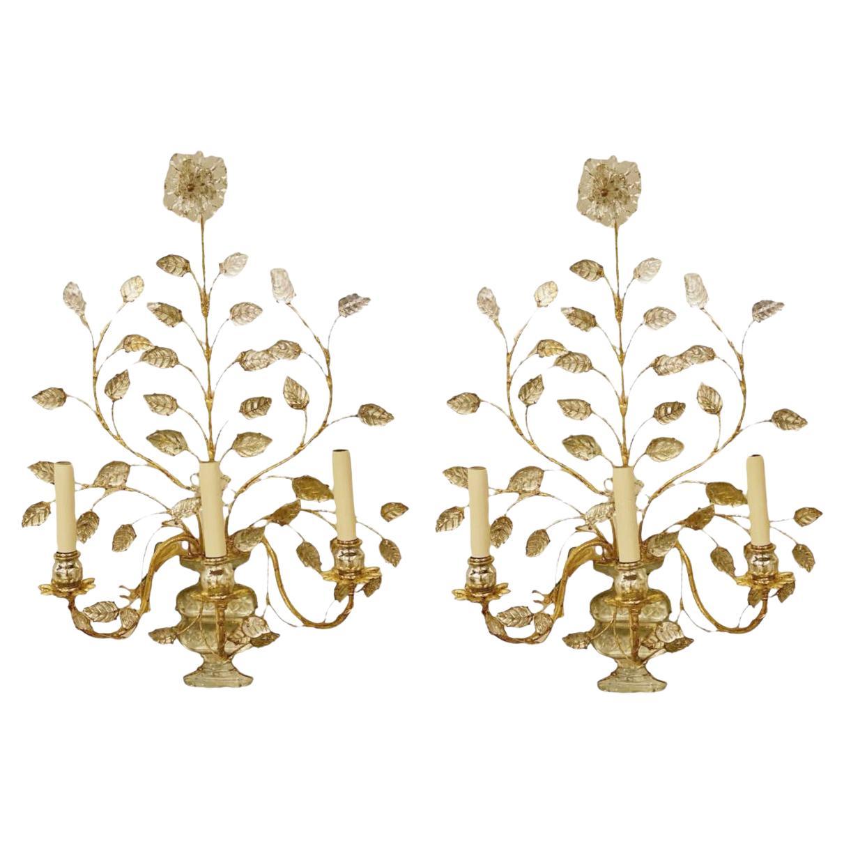 1930's Large French Bagues Gilt Metal Sconces with 3 lights For Sale