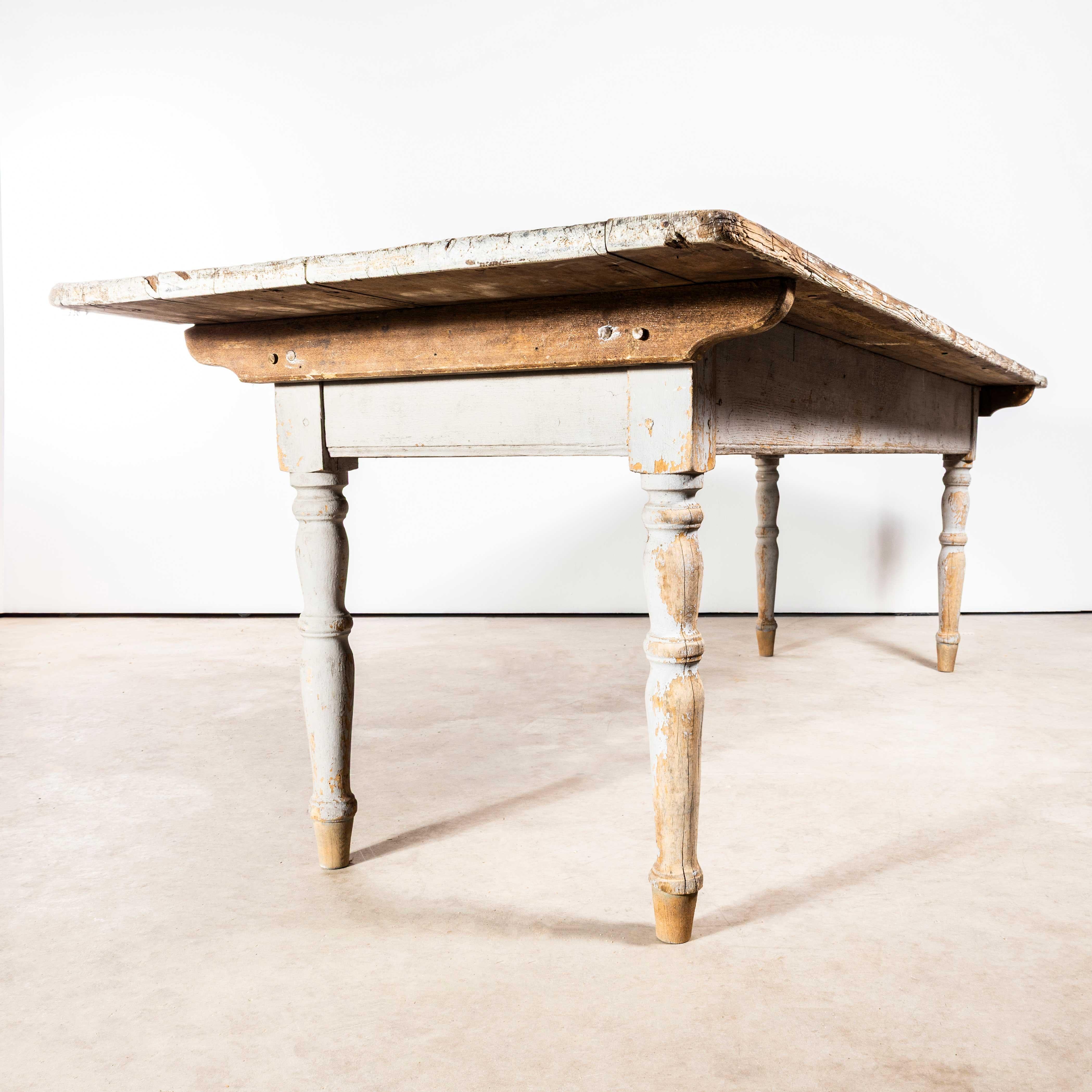 1930’s Large French Chateau Dairy Rectangular Dining Table. 

Practical sized original French table with a planked scrubbed and sun bleached character top. Made in pitch pine throughout, the table is made with solid tenon joints, good construction