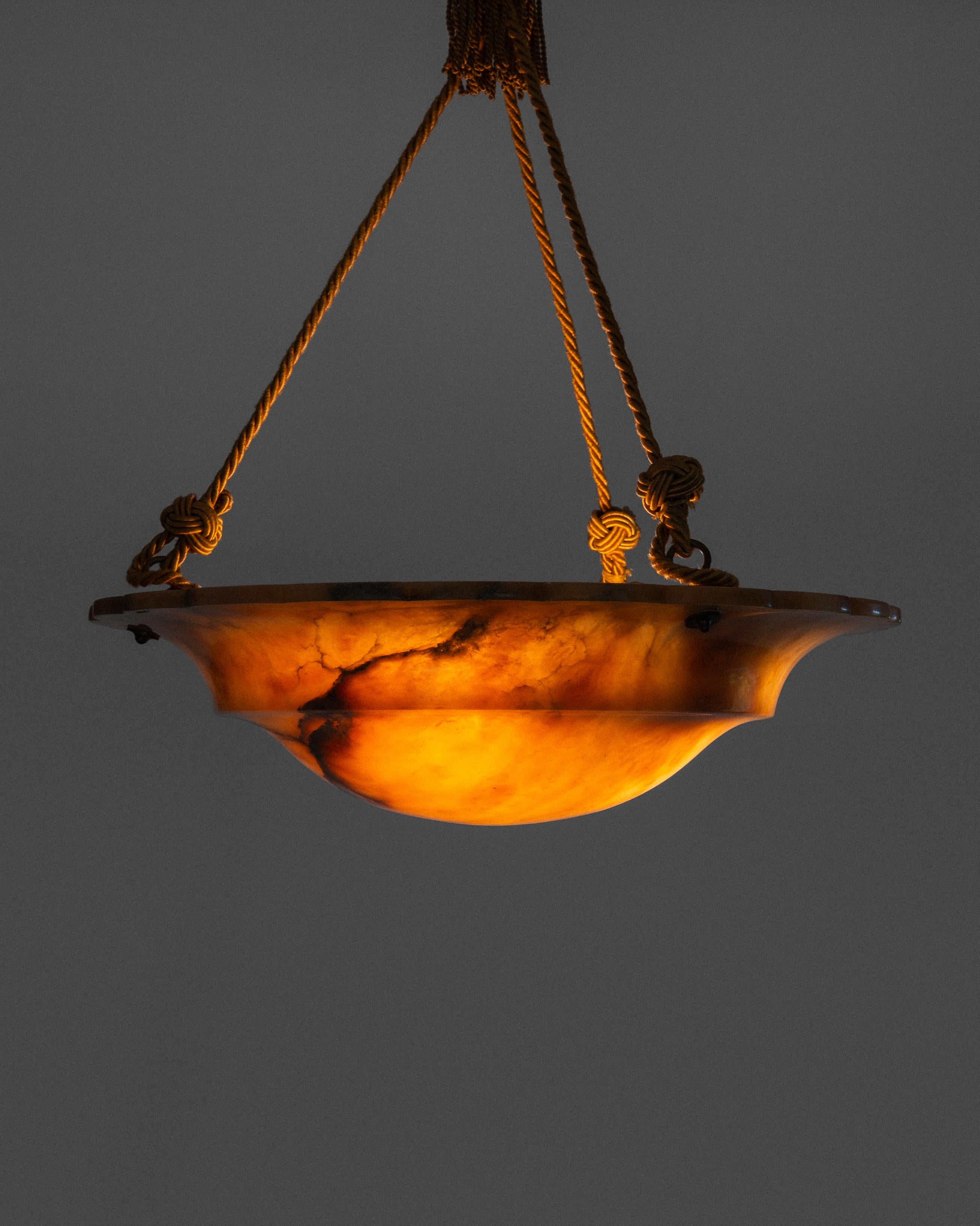 Hand-Carved 1930s Large Marbled Alabaster Chandelier with Scalloped Brim  Sweden, Art Deco
