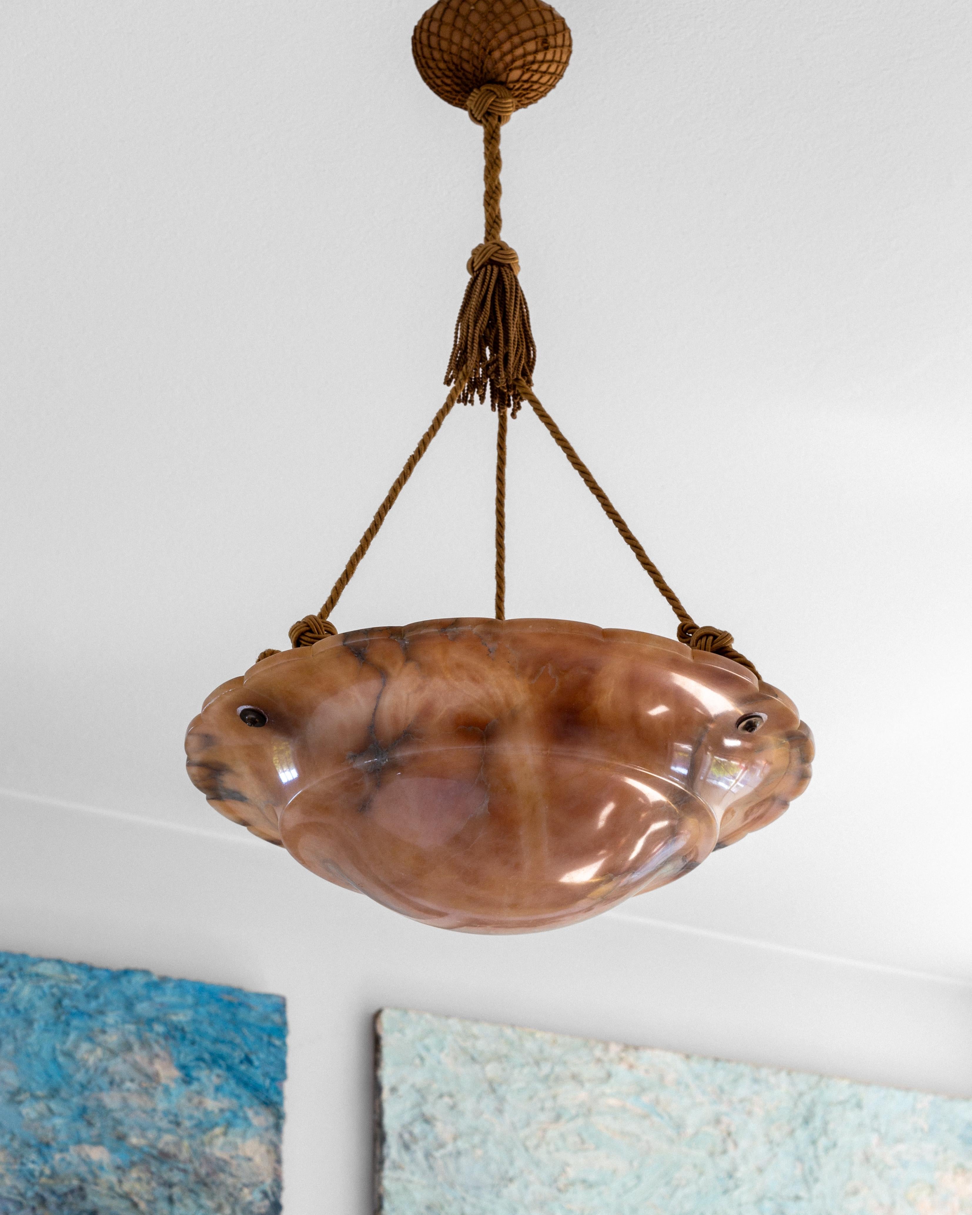 Mid-20th Century 1930s Large Marbled Alabaster Chandelier with Scalloped Brim  Sweden, Art Deco
