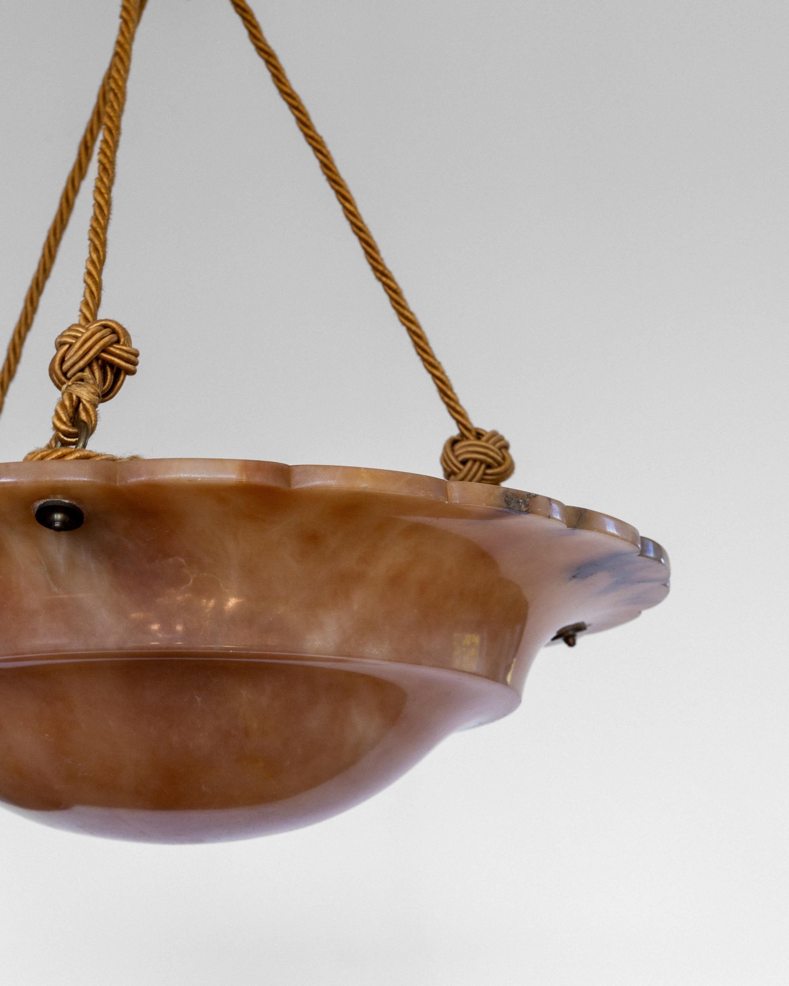 Rope 1930s Large Marbled Alabaster Chandelier with Scalloped Brim  Sweden, Art Deco