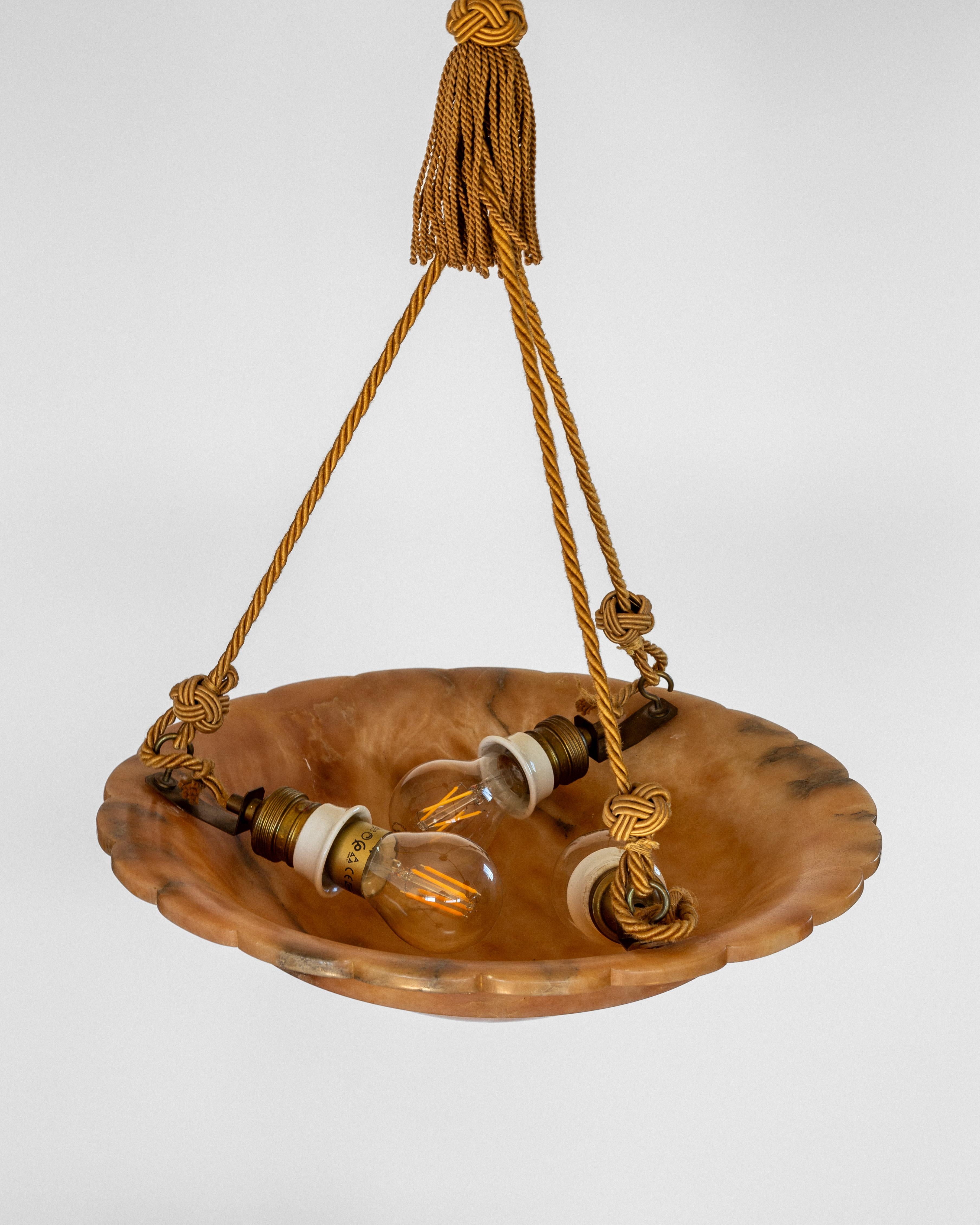 1930s Large Marbled Alabaster Chandelier with Scalloped Brim  Sweden, Art Deco 1