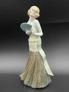 1930's Large Porcelain Half Doll Dresser Brush, Arms Away with Irridecent Fan