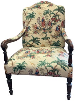 1930s Large Scale Carved Oak Arm Chair In Chinoiserie Palm Toile