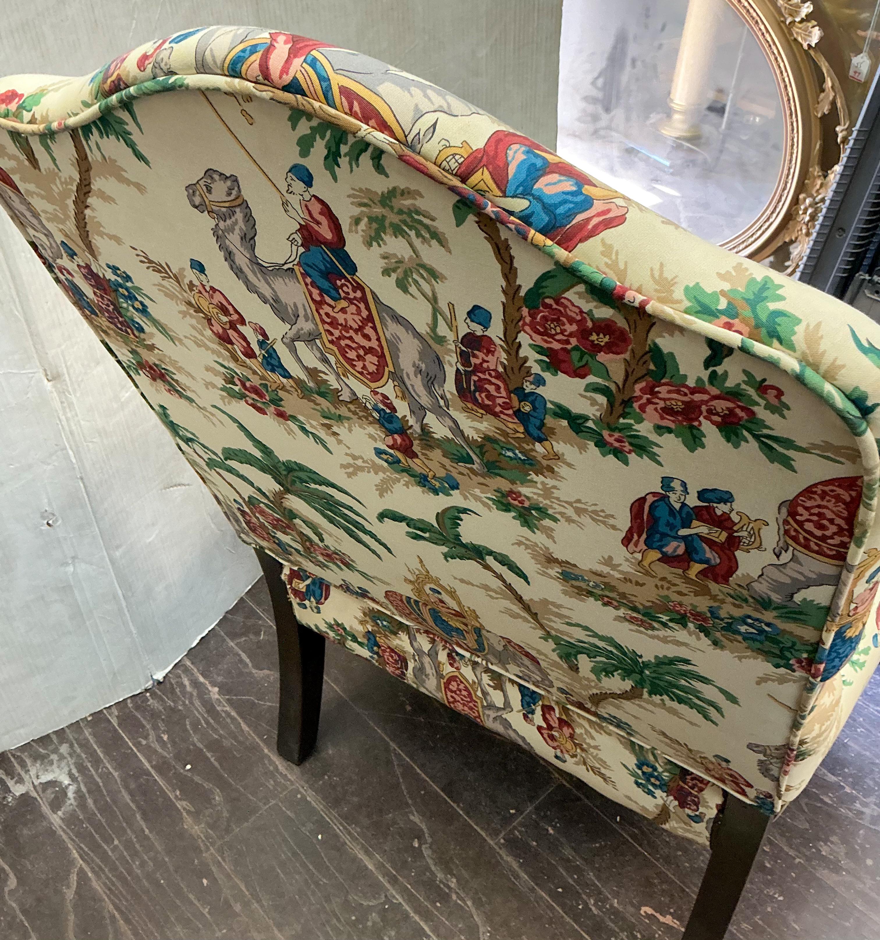 Tissu d'ameublement Fauteuil en chêne sculpté à grande échelle des années 1930 en toile de palmier chinoiseries en vente