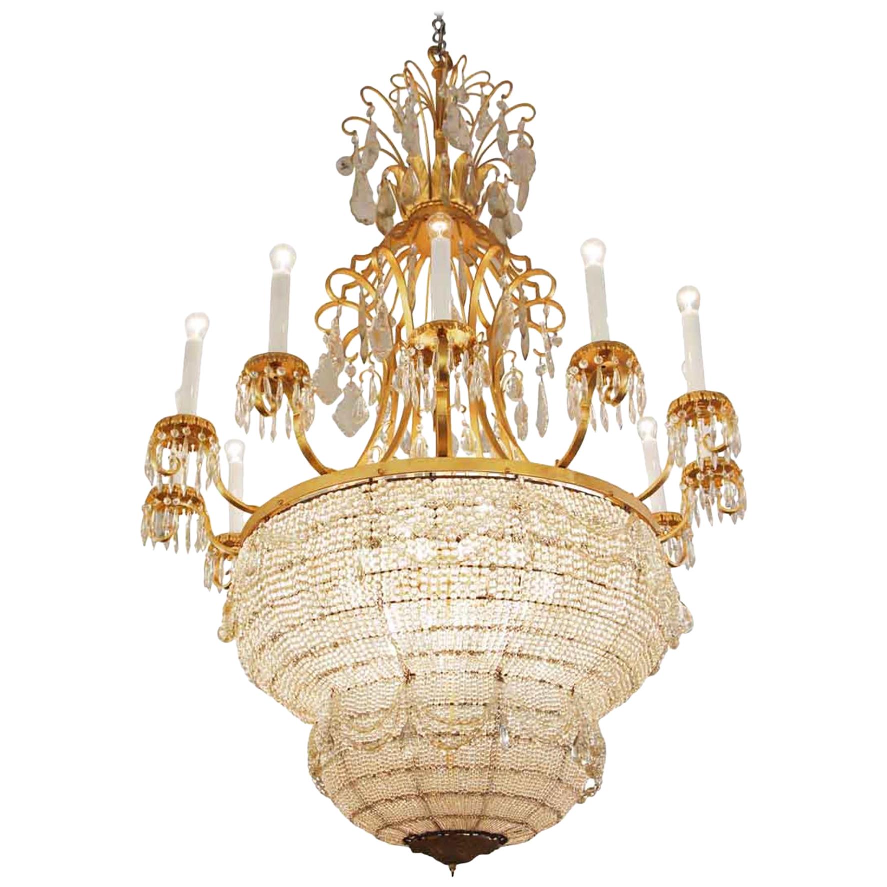 1930s Large Scale Palace Theater 12-Arm Crystal Basket Chandelier with 30 Lights