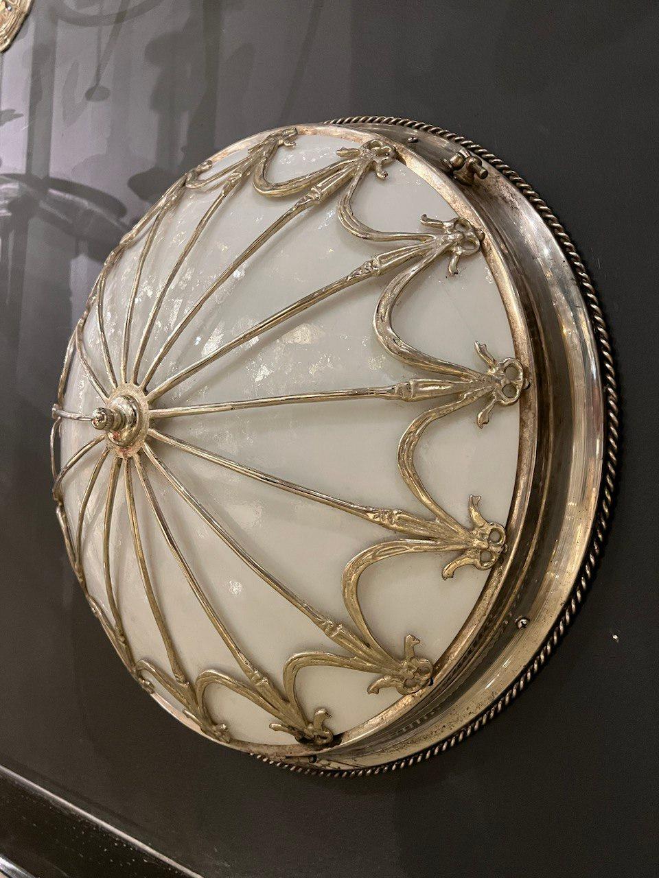1930's Large Silver Plated Flush Mount With Opaline Glass For Sale 2