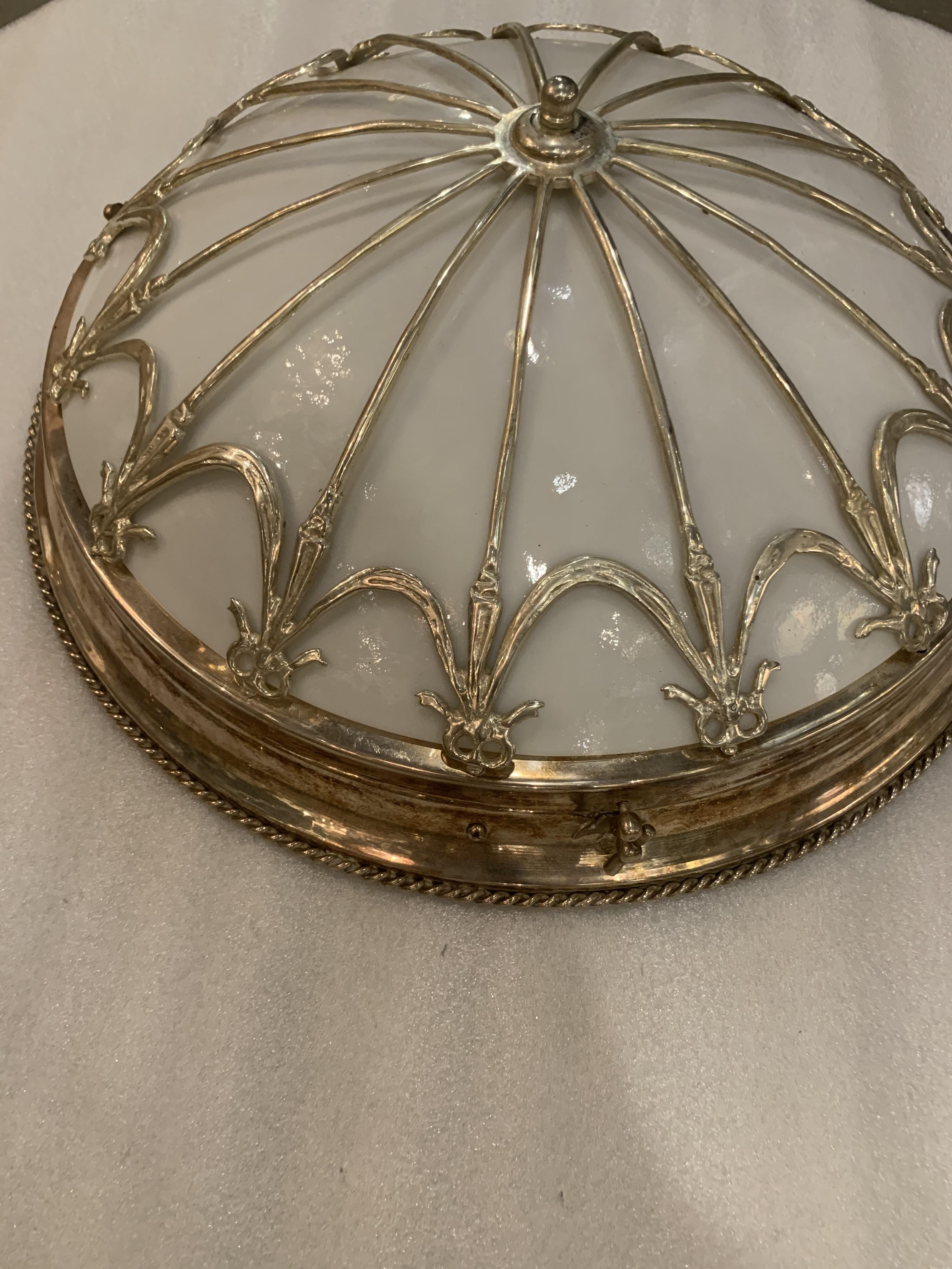 French Provincial 1930's Large Silver Plated Flush Mount With Opaline Glass For Sale