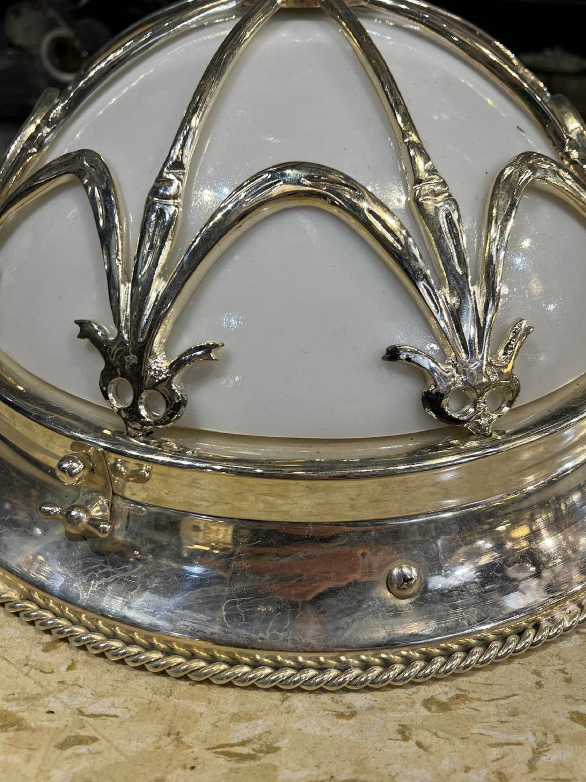 1930's Large Silver Plated Flush Mount With Opaline Glass In Good Condition For Sale In New York, NY