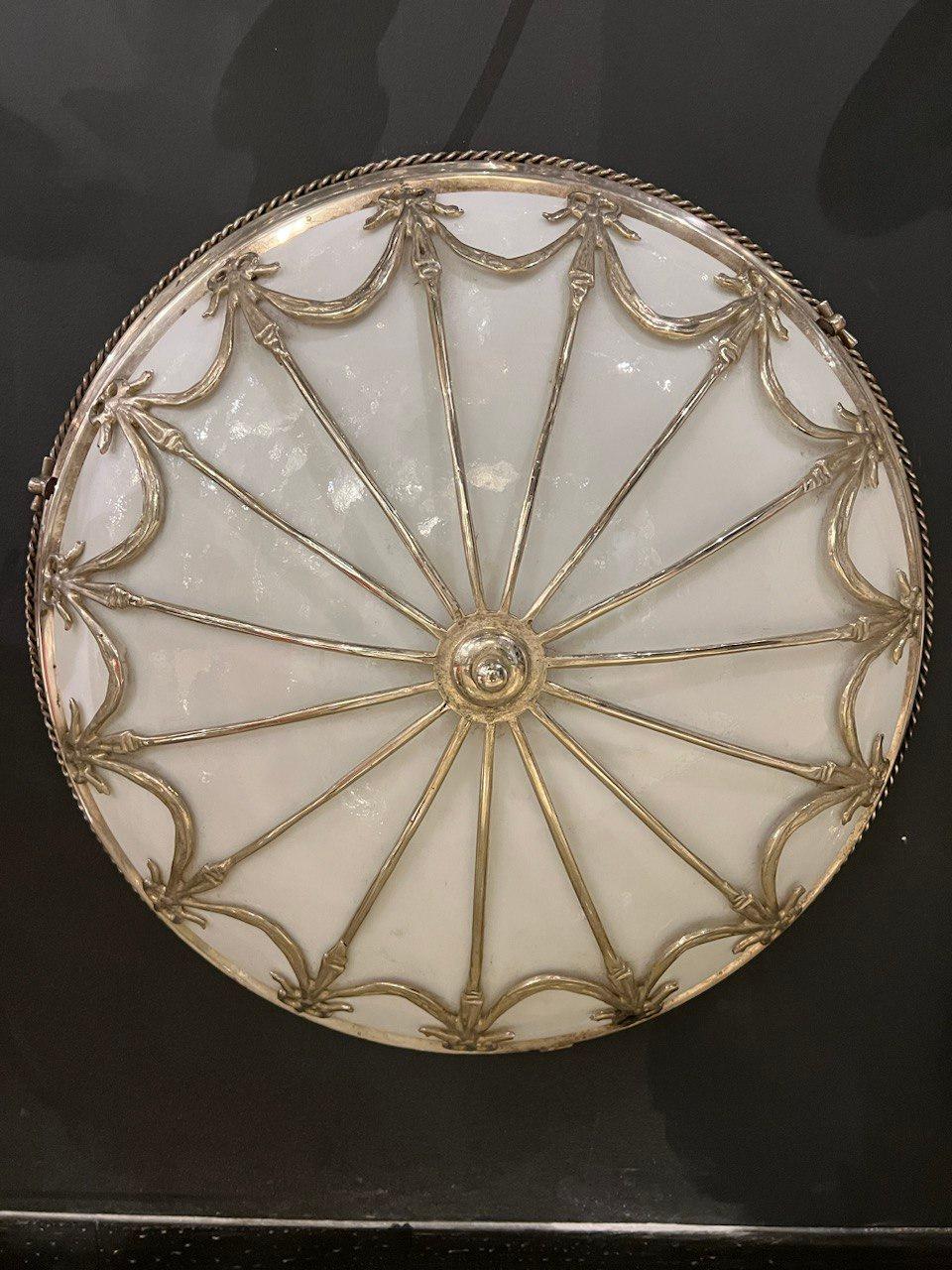1930's Large Silver Plated Flush Mount With Opaline Glass For Sale 1