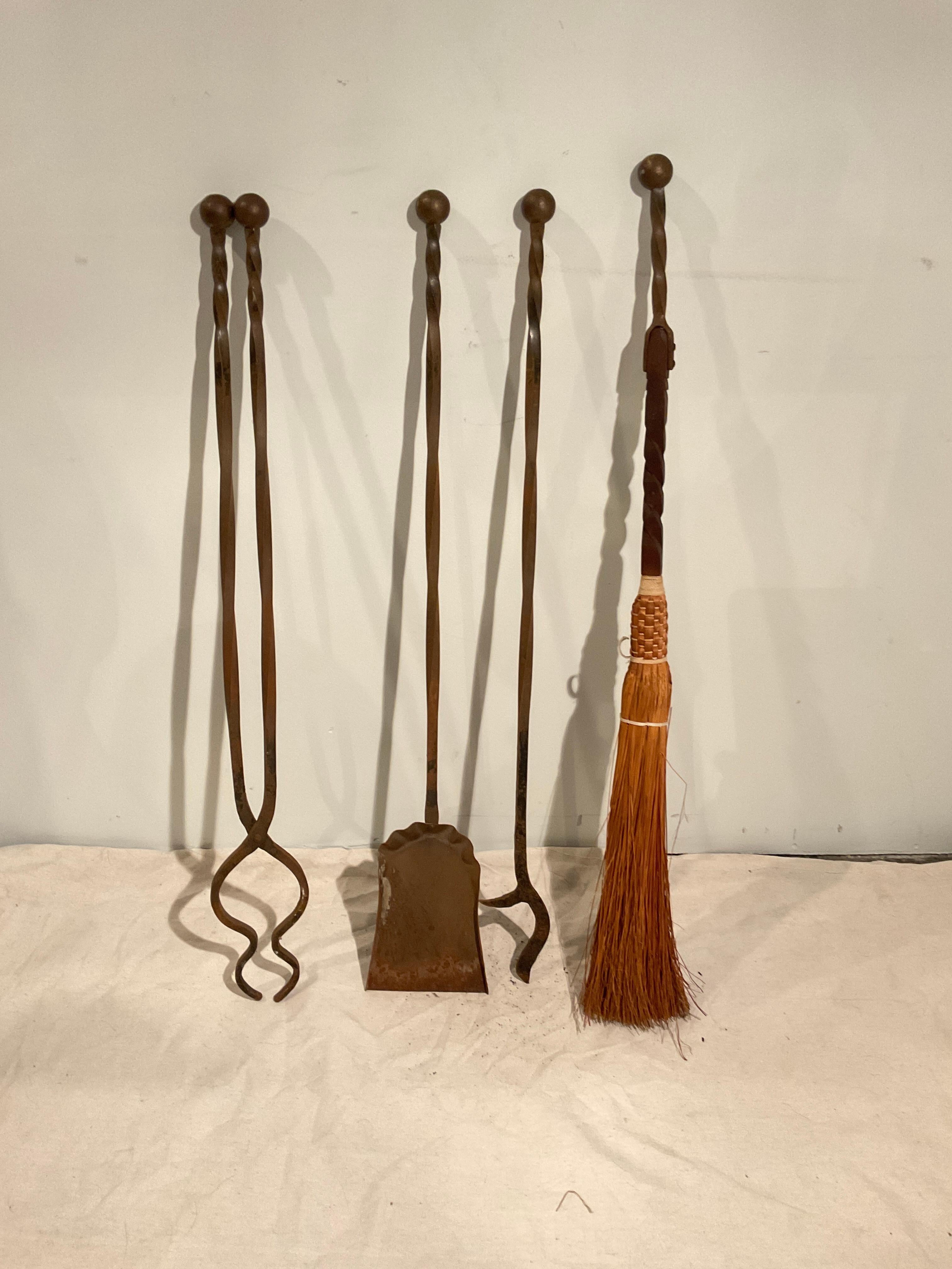 1930s Large Wrought Iron Fireplace Tool Set For Sale 5