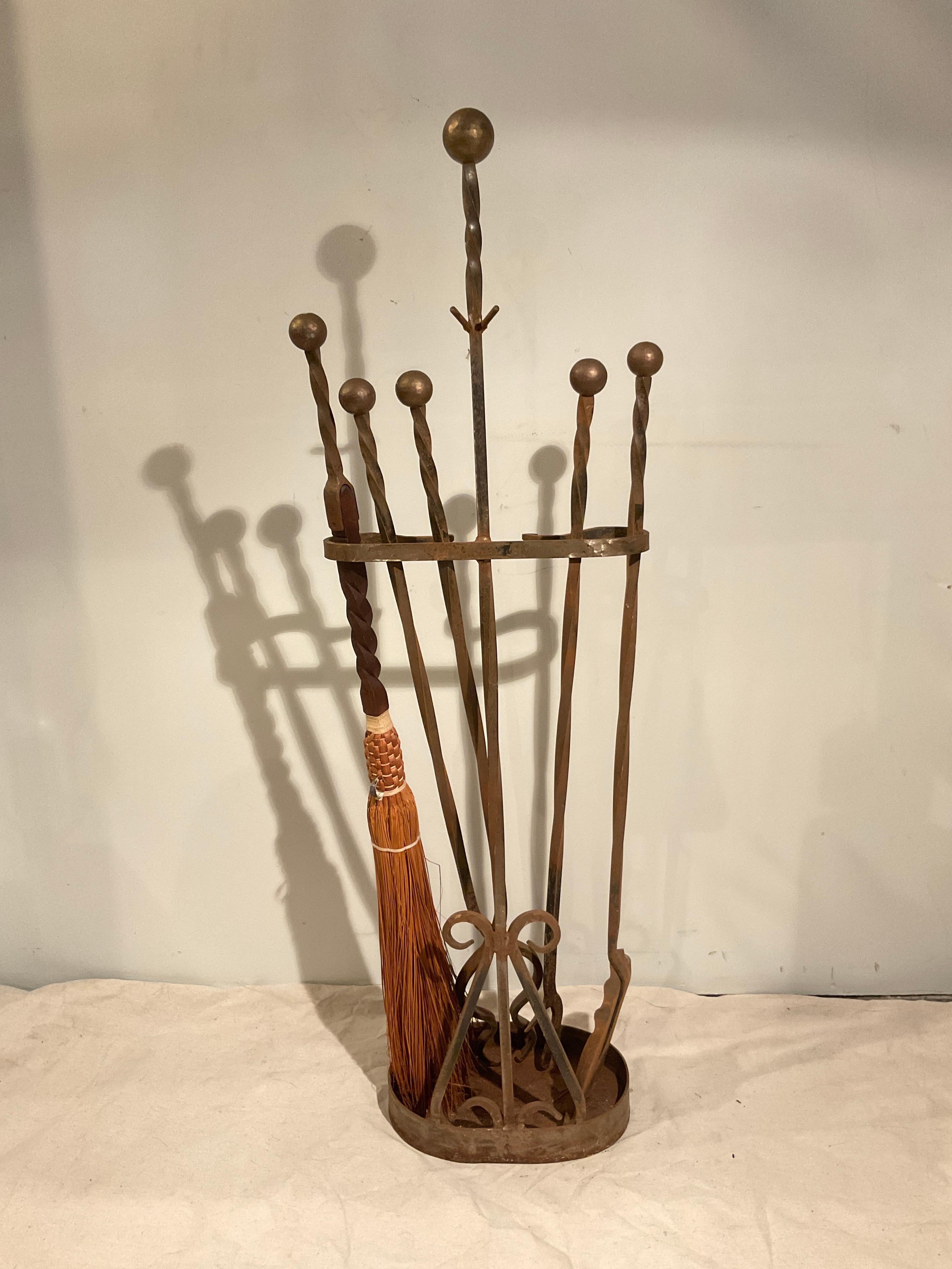 Mid-20th Century 1930s Large Wrought Iron Fireplace Tool Set For Sale