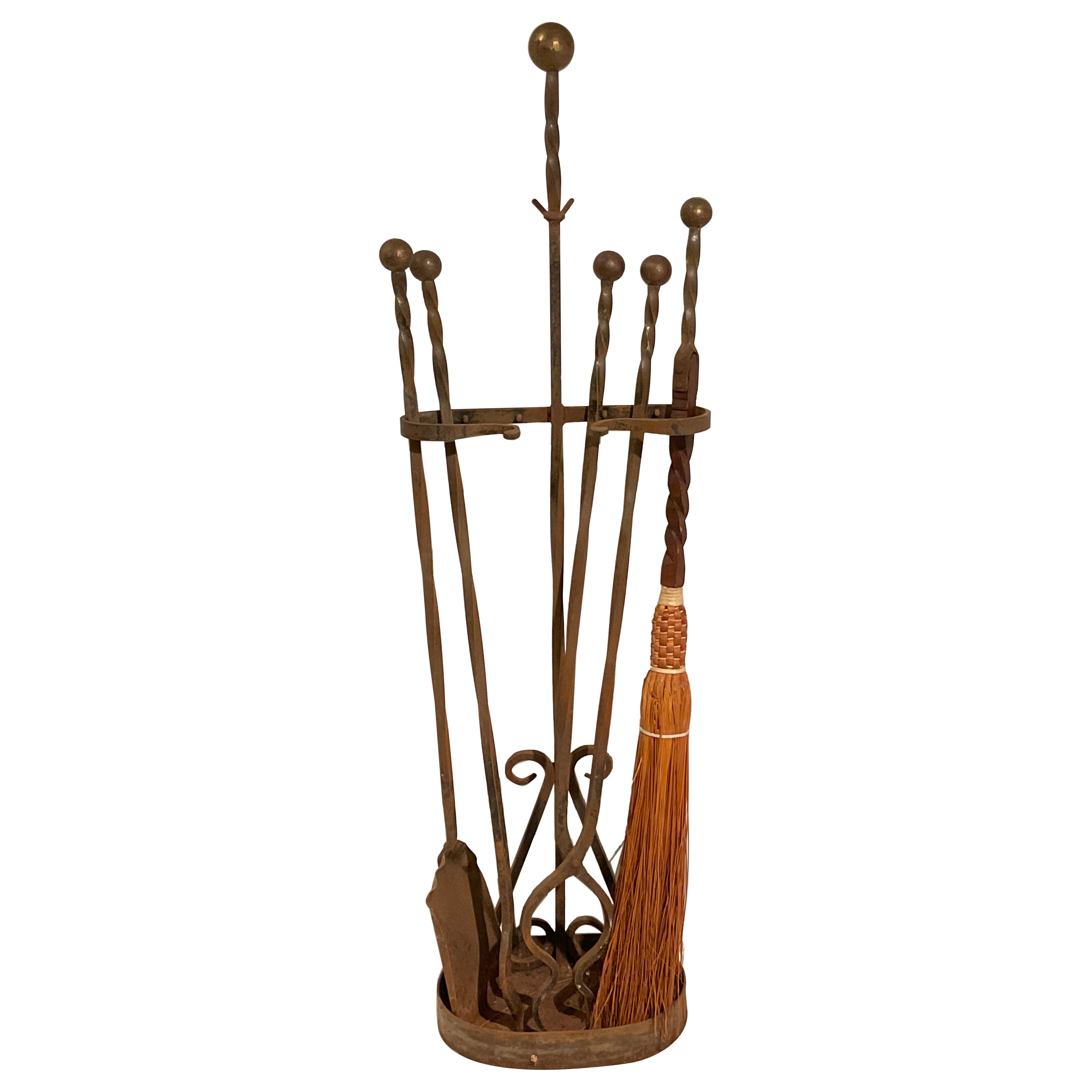 1930s Large Wrought Iron Fireplace Tool Set