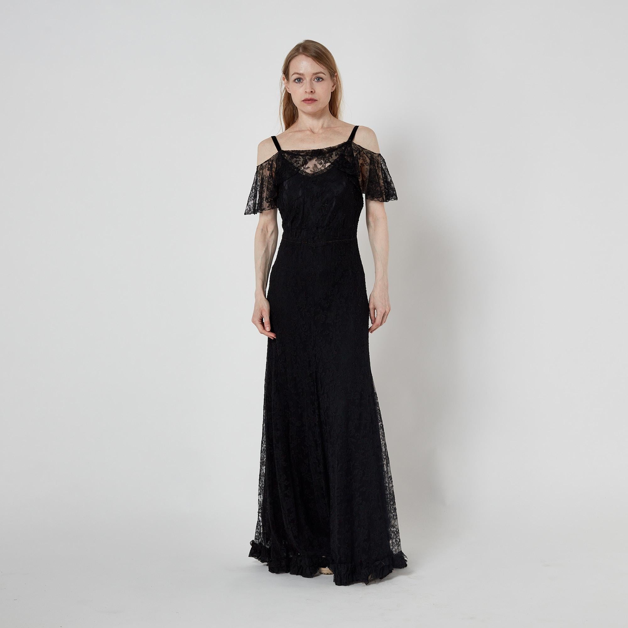 1930s Layered Black Lace Gown For Sale 1