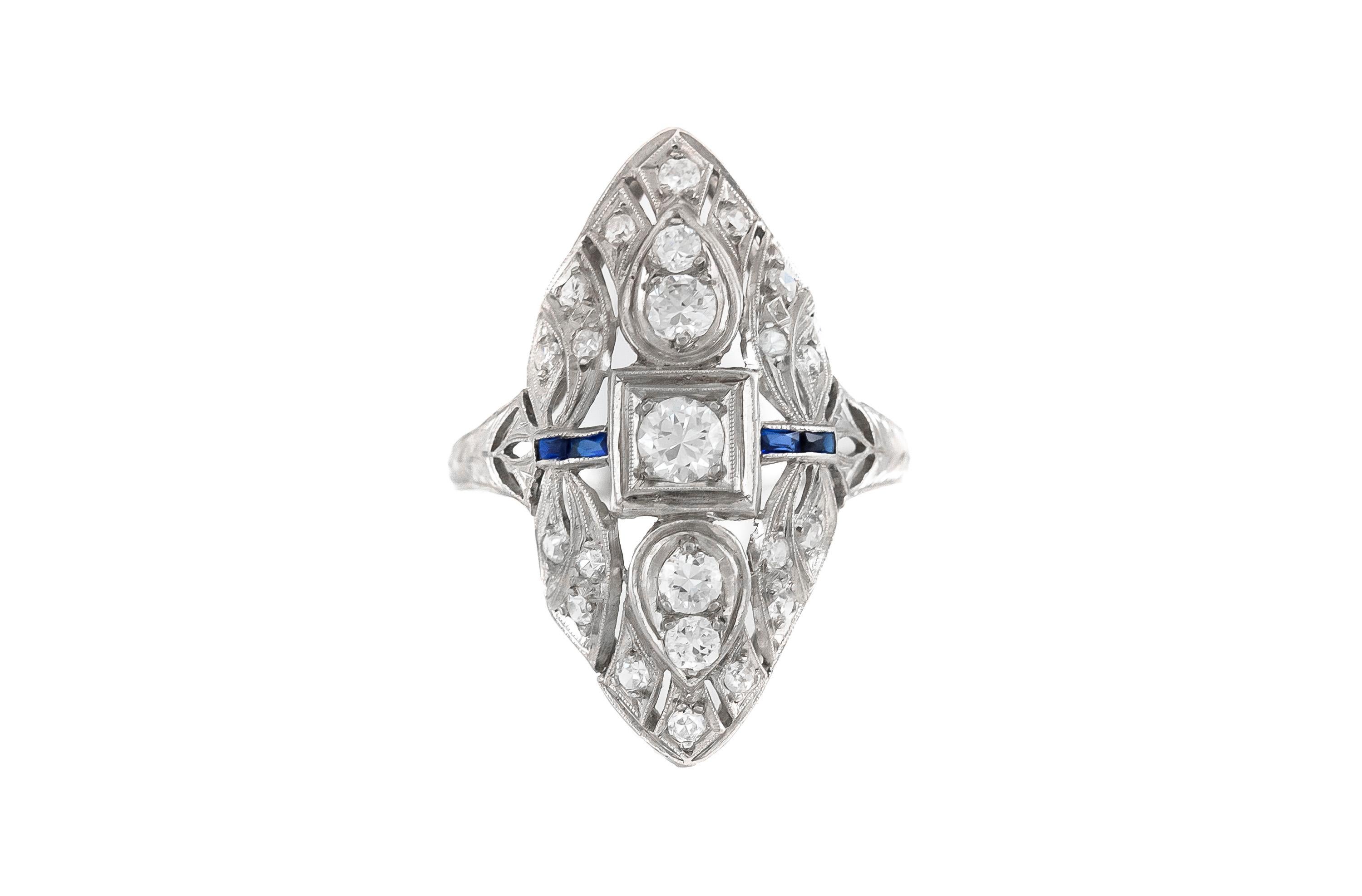 The ring is finely crafted in 18k white gold with sapphires and diamonds weighing approximately a total of 1.00 carat.
Size 9.00. (Easy to resize). Circa 1930.